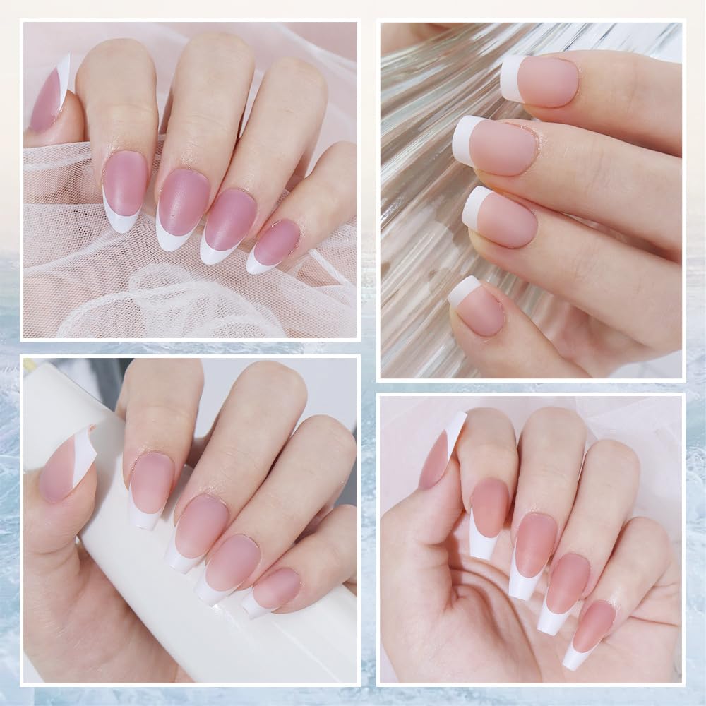 SWETIDY French Tips – Puntas de uñas de gel de almendra corta, 240 unidades, punta francesa rosa, puntas de capa X con punta preaplicada,