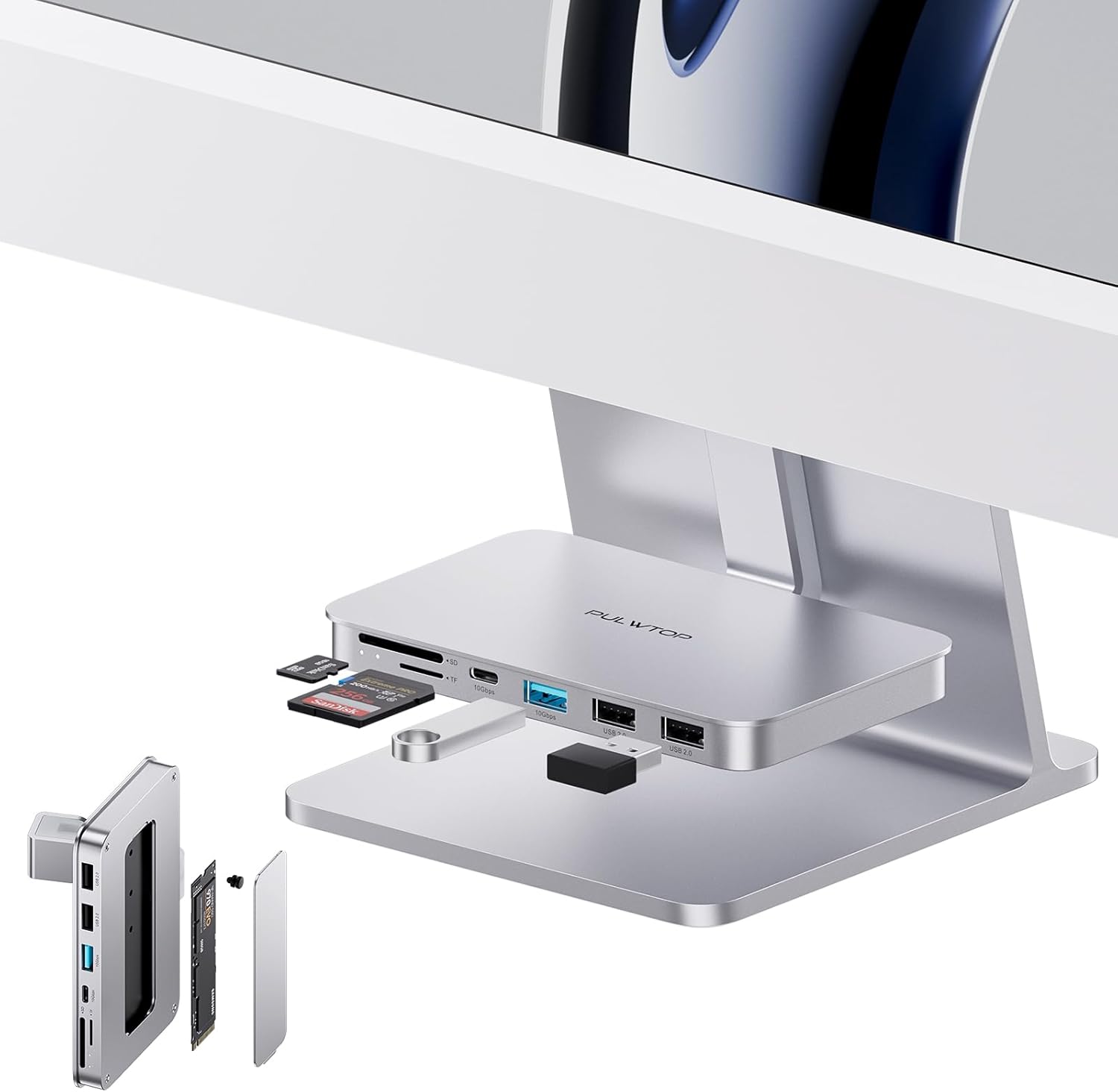 Accesorios iMac para iMac 20212023, PULWTOP USB C Hub para iMac compatible con SSD SATA NVMe de 10 Gbps con USB AC 10Gbps, iMac Hub para M1M3, 2 USB