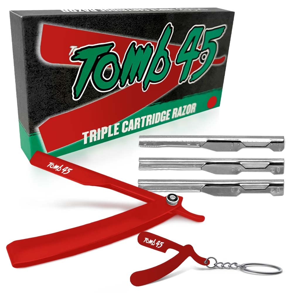 Tomb 45 Soporte para maquinilla de afeitar de triple cartucho, mango de seguridad desechable para peluqueros, agarre 100% de metal y 3 opciones de