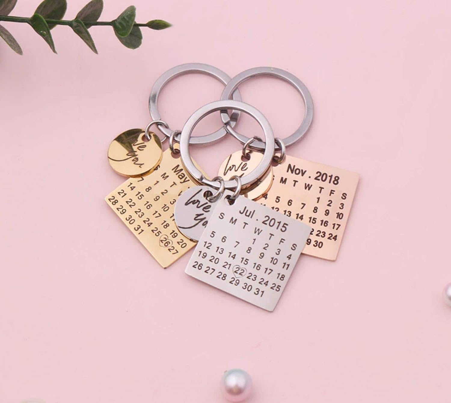 Personalized Custom Calendar Keychain, Stainless Steel Highlighted with Heart Date, Engrave Date Wedding Anniversary Keyring Gift, Gift for her,