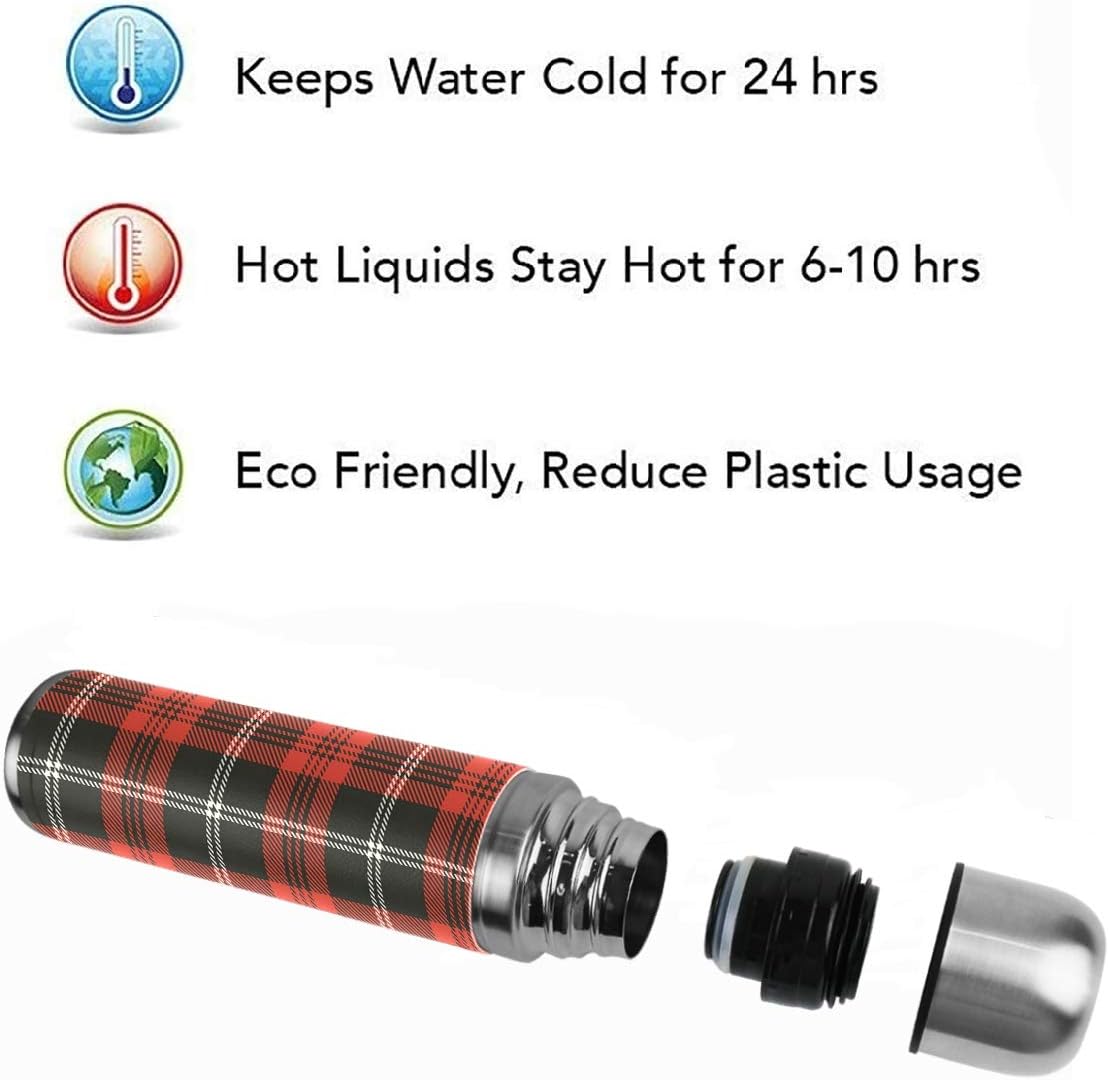 Red Black Plaid Vacuum Thermos Christmas Tartan Check Insulated Water Bottle Stainless Steel Double Wall Flask Bottles, Sports Coffee Travel Mug Cup