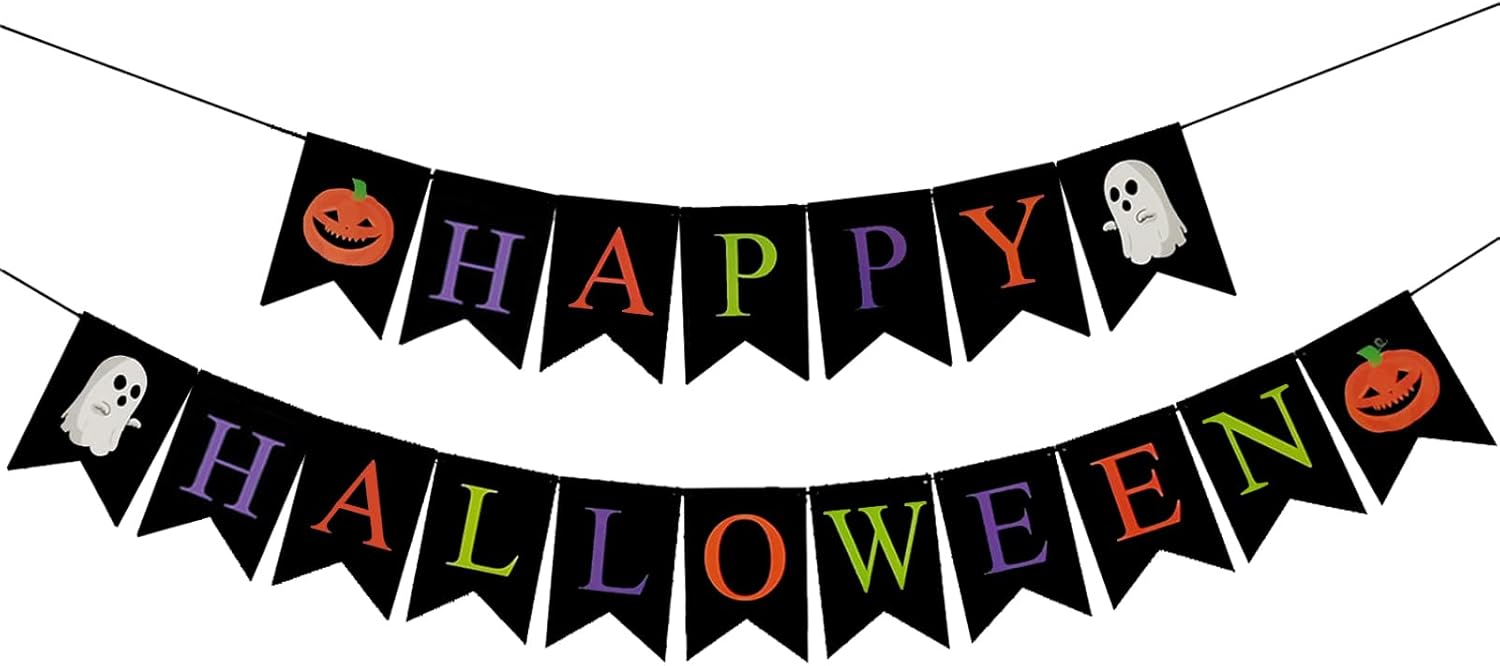 MEETINGU Cartel negro de Feliz Halloween, pancarta de Halloween con calabaza para casa encantada, chimenea, puertas, decoración interior al aire