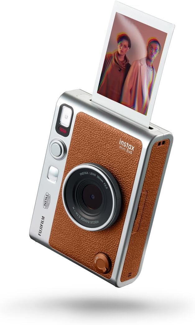 Fujifilm Cámara instantánea Instax Mini EVO Hybrid Brown  Fuji Instax Mini Twin Pack Instant Film  32 GB microSD  Funda para cámara – Paquete