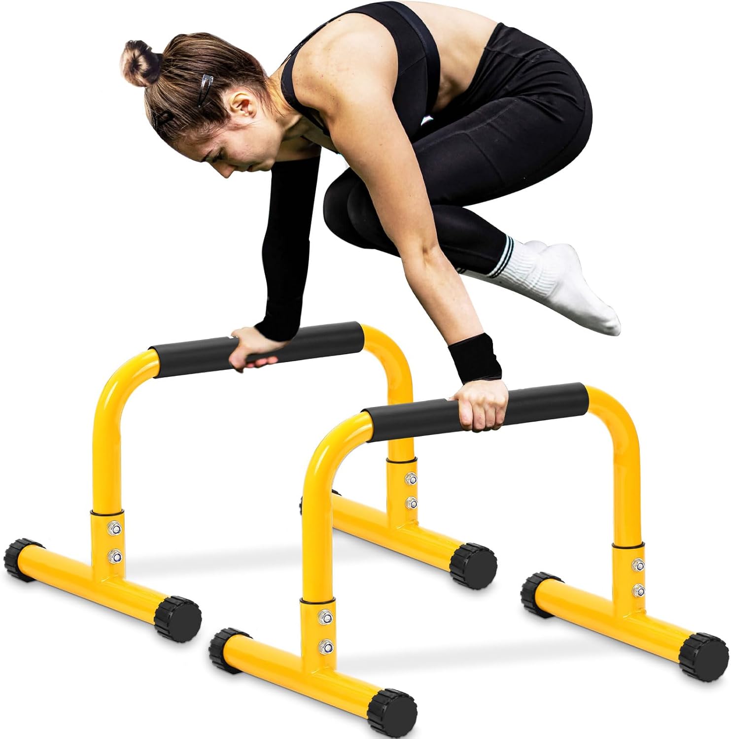 Push Up Bar, 14” High Steel Parallettes & Dip Bar with Full Coverage Foam Handle, Heavy-Duty Calisthenics Parallel Bars for L-Sit, Dips, Home Gym