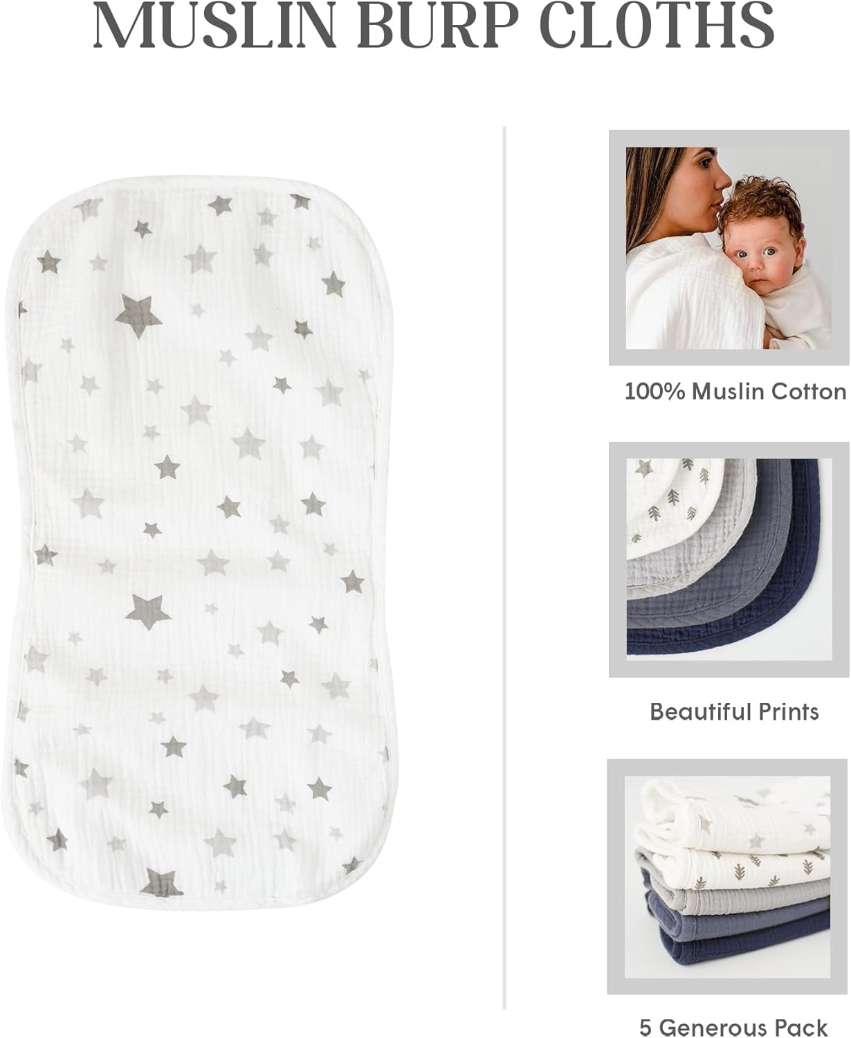 Paquete de 5 paños de muselina para eructos para bebé, paños de muselina neutra para bebés, niños y niñas, toalla para recién nacidos, unisex, paños