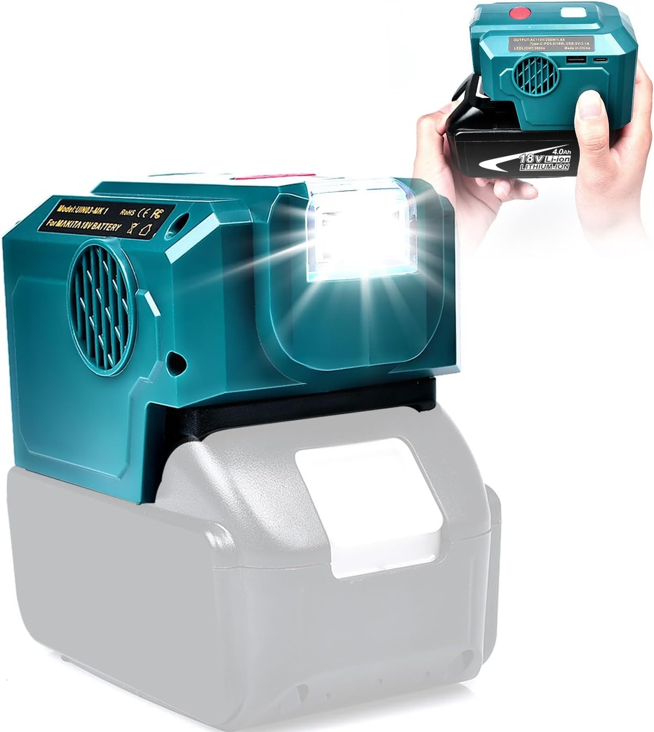 Inversor de corriente de 200 W para batería Makita de 18 V, con salida de CA y USBtipo C, luz LED de 200 lúmenes, 18 V CC a 120 V CA para