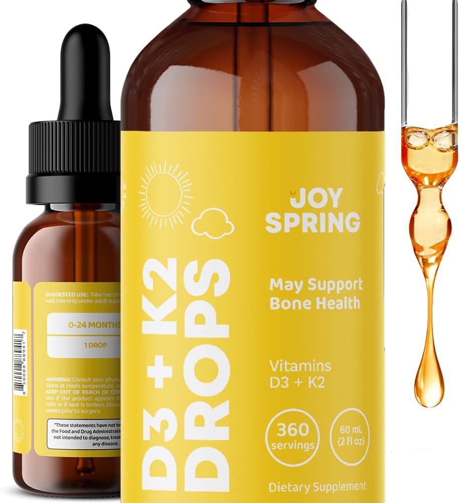 JoySpring Gotas de vitamina D para niños pequeños para apoyar el crecimiento y multivitamínico diario con raíz de bardana y saúco para niños