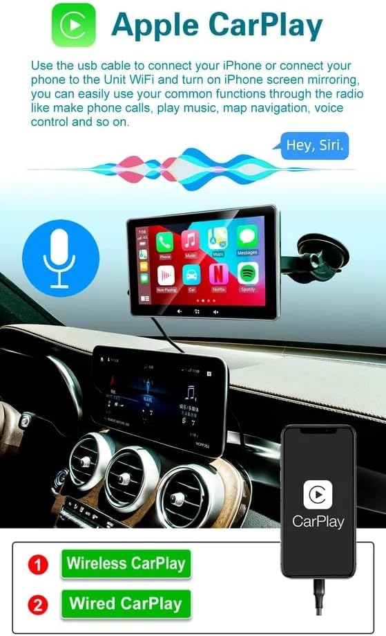 Radio de coche de 7 pulgadas con Apple Carplay y Android Auto inalámbrico estéreo IPS pantalla táctil con Bluetooth manos libresMirror LinkGoogle y