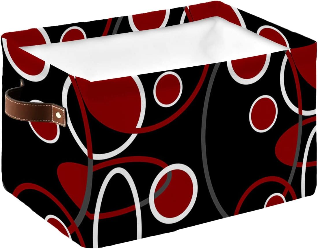 Red Black Geometric Storage Basket for Organizing Shelves, Collapsible Storage Bins Boxes with Handle, Modern Round Geometric Abstract Art Canvas