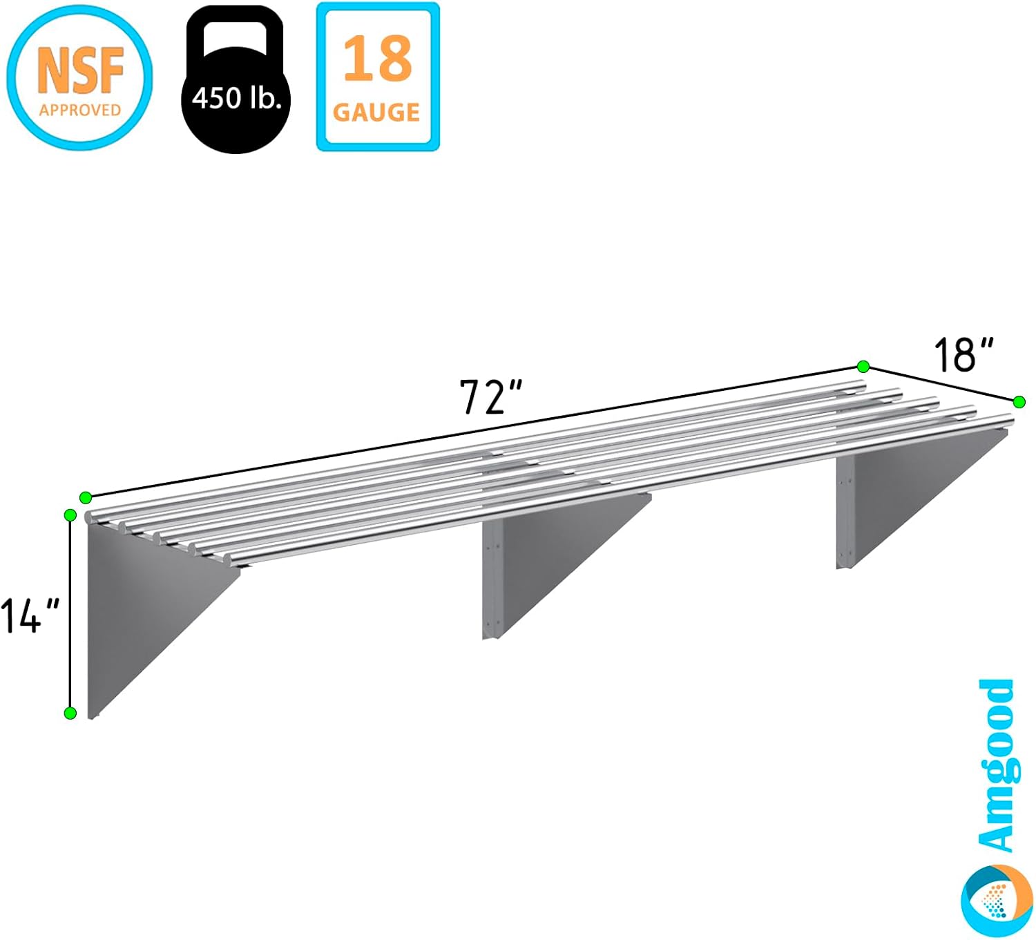 AmGood Estante de pared tubular de acero inoxidable de 72 pulgadas de largo x 18 pulgadas de profundidad  Certificado NSF  Estantería de metal para