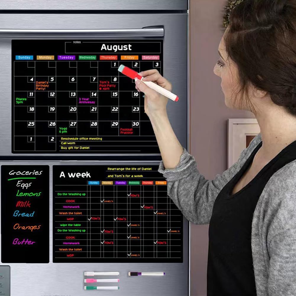 Magnetic Calendar for Fridge,3 Boards Fridge Calendar Dry Erase Set,Magnetic Monthly and Memo for Refrigerator,Markers and Big Eraser with Magnets