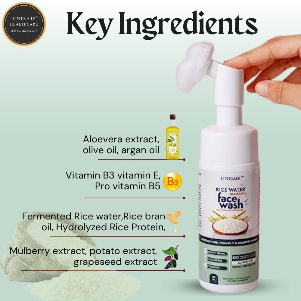 Unisaif Lavado facial de agua de arroz – Limpiador espumoso brillante de agua de arroz para mujeres y hombres  Espuma  Iluminador  Lavado facial