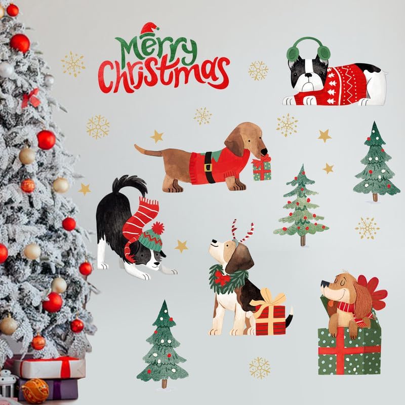 Yovkky Calcomanías de pared de perro de Feliz Navidad, árbol de Navidad, Golden Retriever cachorro 2024, regalo de Año Nuevo, decoración del hogar,