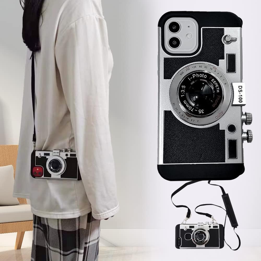 Mscomft Funda para teléfono Emily in Paris, funda vintage para iPhone 15 Pro, diseño de cámara vintage 3D que parece una cámara, con cordón largo