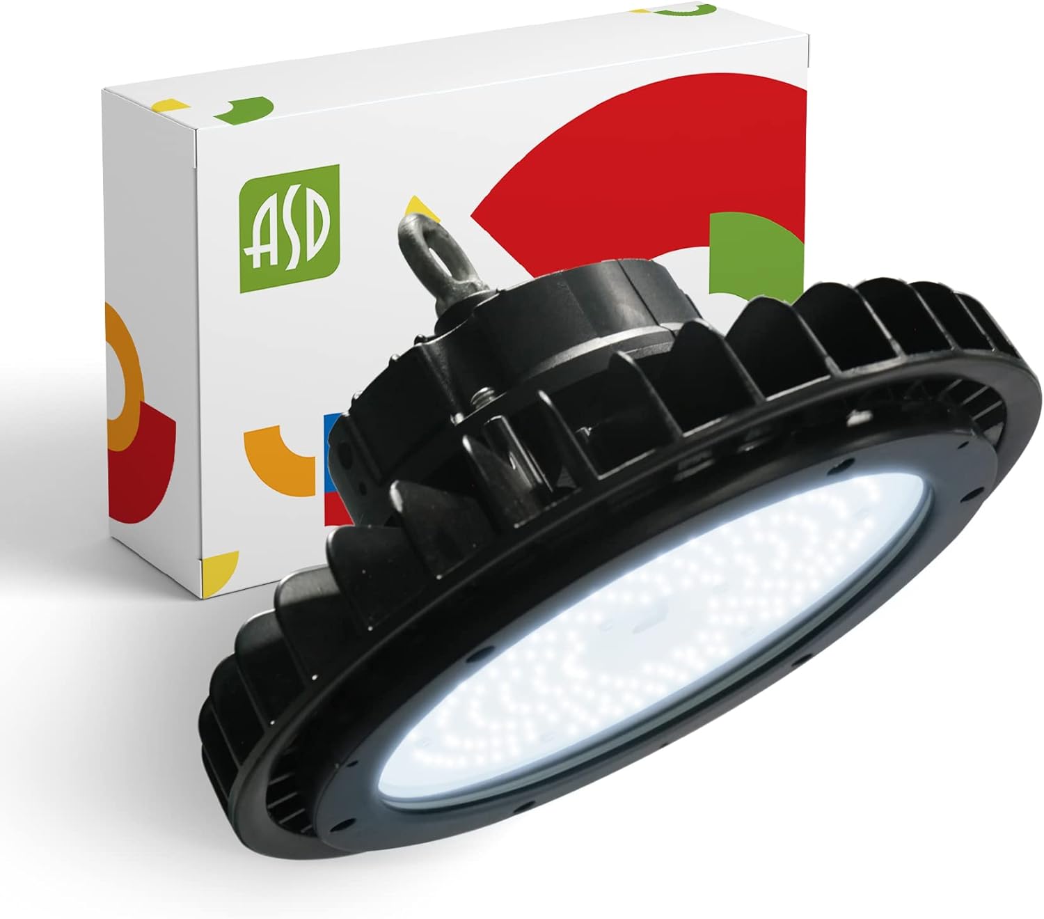ASD UFO LED High Bay Light 150w 19,479lm 5000K, 1-10V regulable, 120-277V, luz de área de almacén comercial impermeable IP69K Eqw.500W MHHPS, cuerda