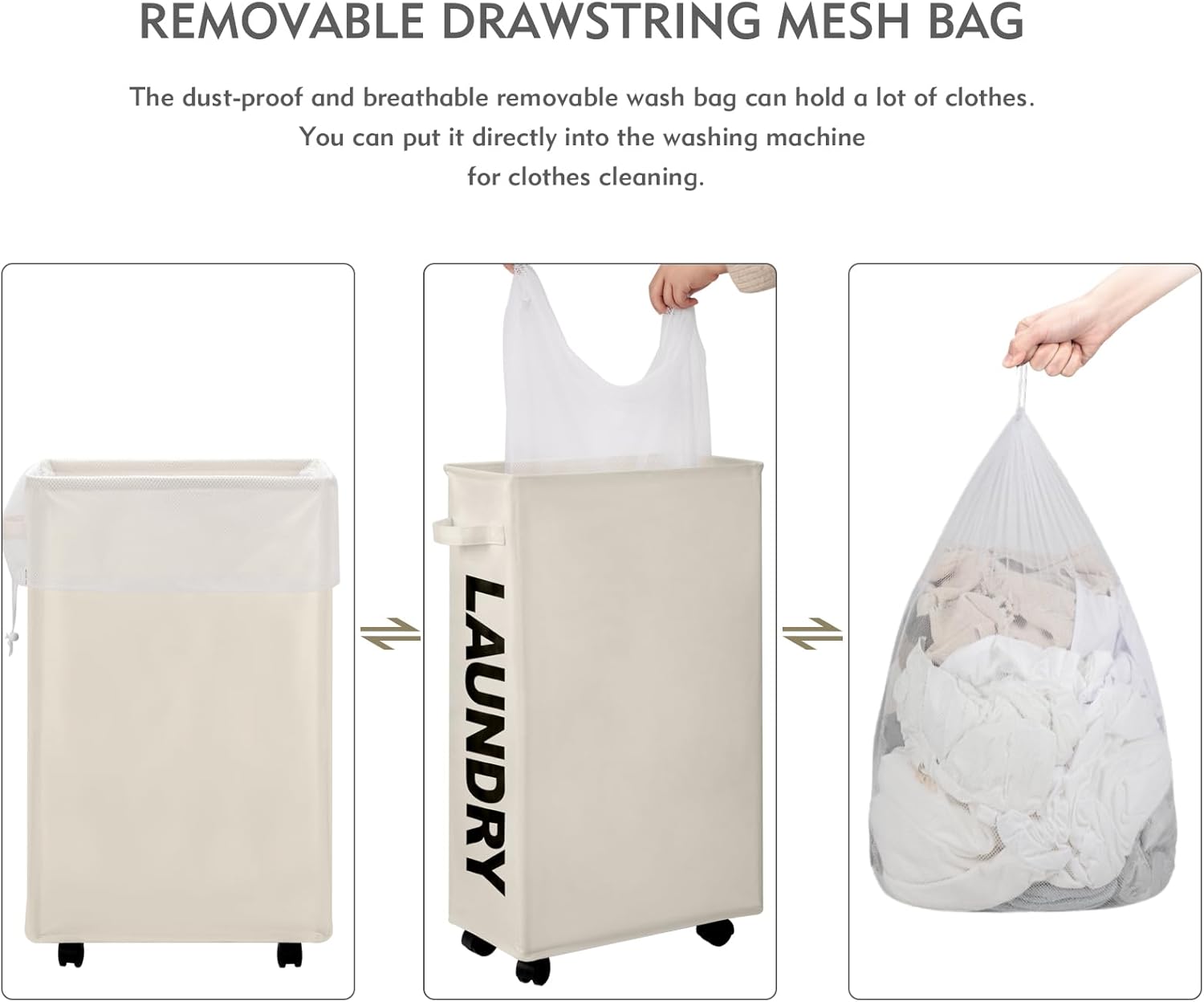 TOTANKI Cesta de lavandería grande y delgada de 29 pulgadas con ruedas con bolsa extraíble, cesta plegable para la ropa sucia con asa, clasificador