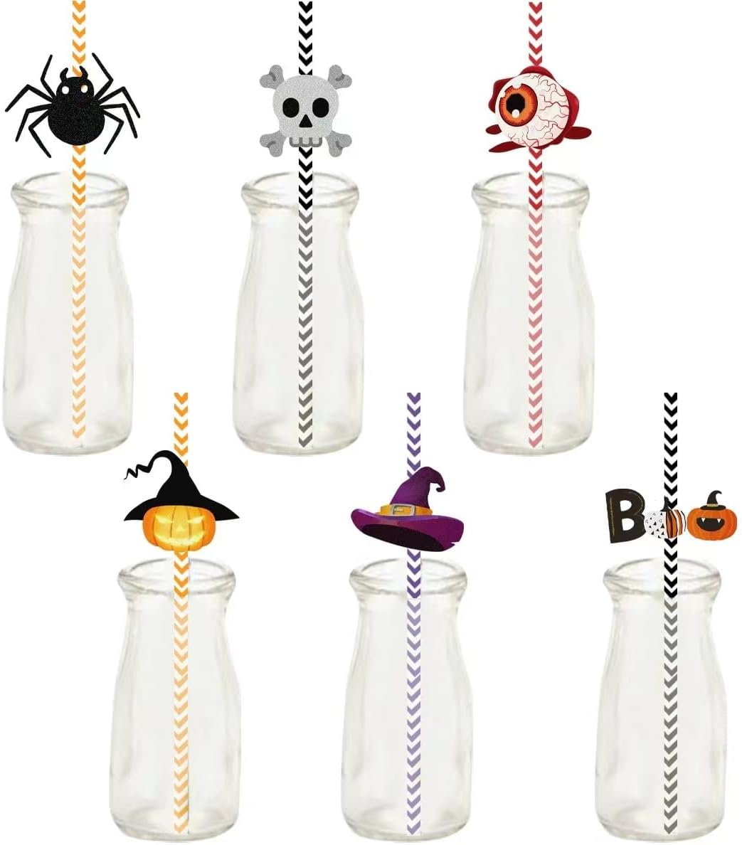 24 popotes de papel de Halloween, popotes de papel desechables para beber, suministros de decoración de fiesta de Halloween (bombilla, calavera,