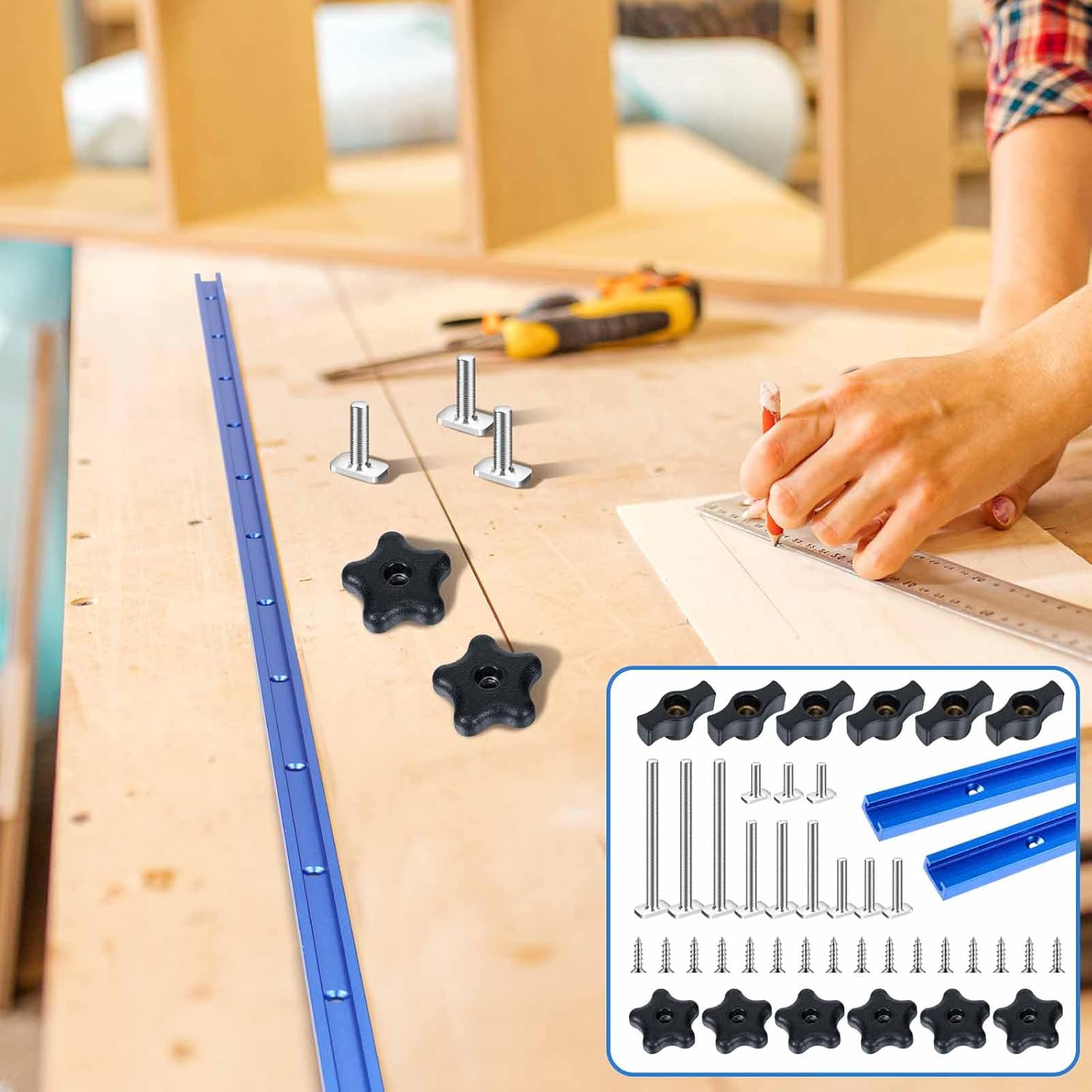 Zonon Juego de 2 rieles universales en T de 48 pulgadas con tornillos para madera y agujeros de montaje preperforados, kit universal de riel en T