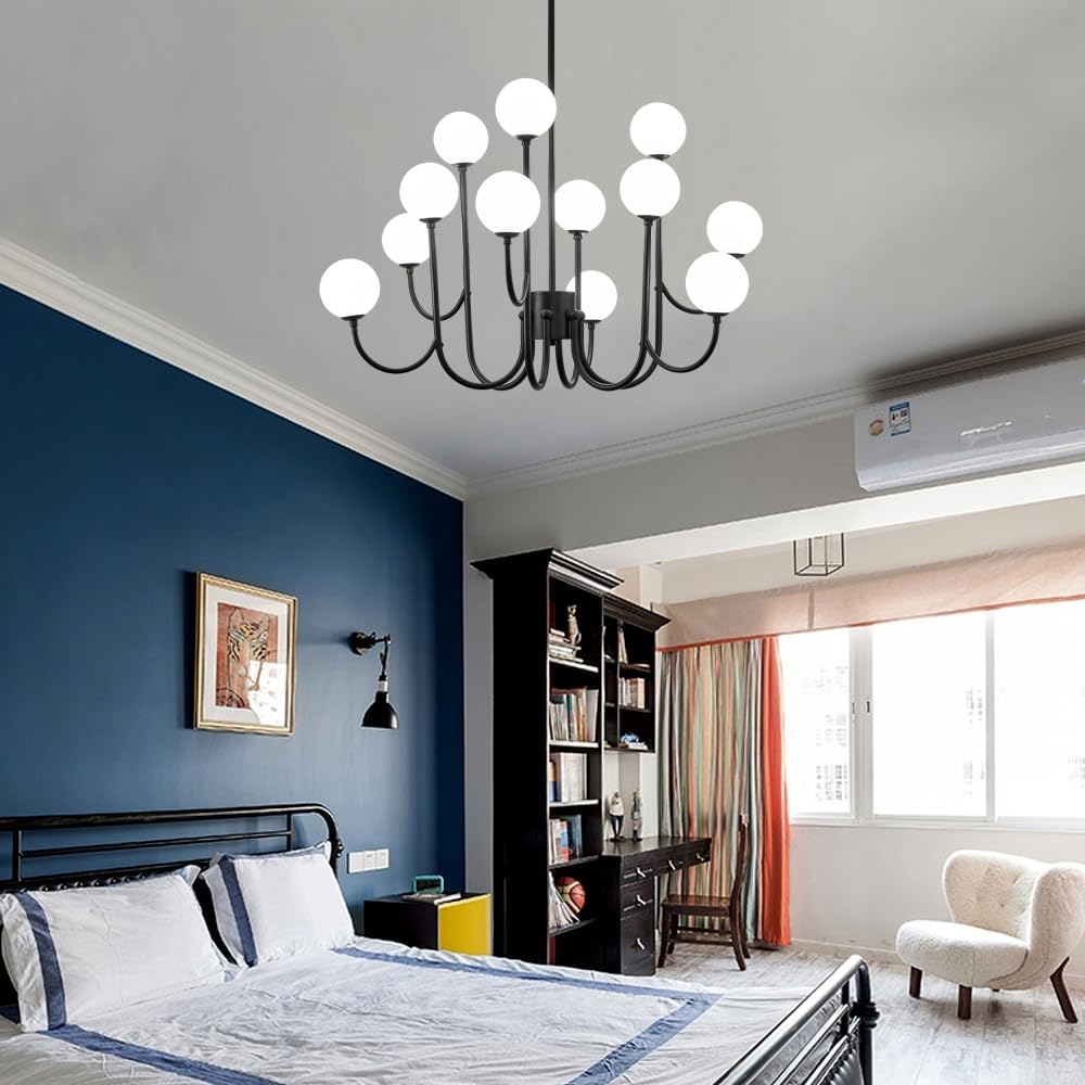 Moderno candelabro negro de mediados de siglo con 12 luces con globo de cristal, lámpara colgante de techo de metal Sputnik grande para sala de