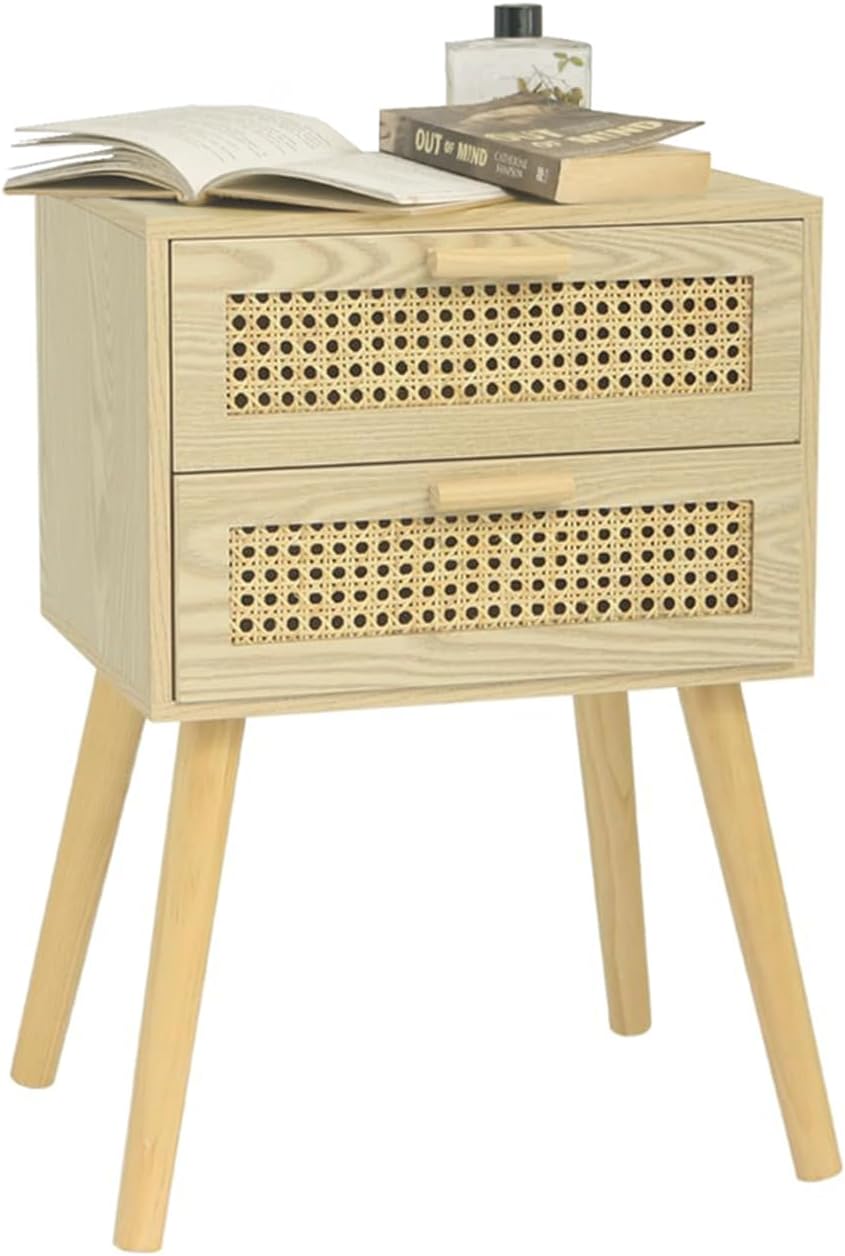 AWASEN Mesita de noche de ratán con cajones, moderna mesita de noche con almacenamiento, mesa auxiliar de madera para dormitorio y espacio pequeño