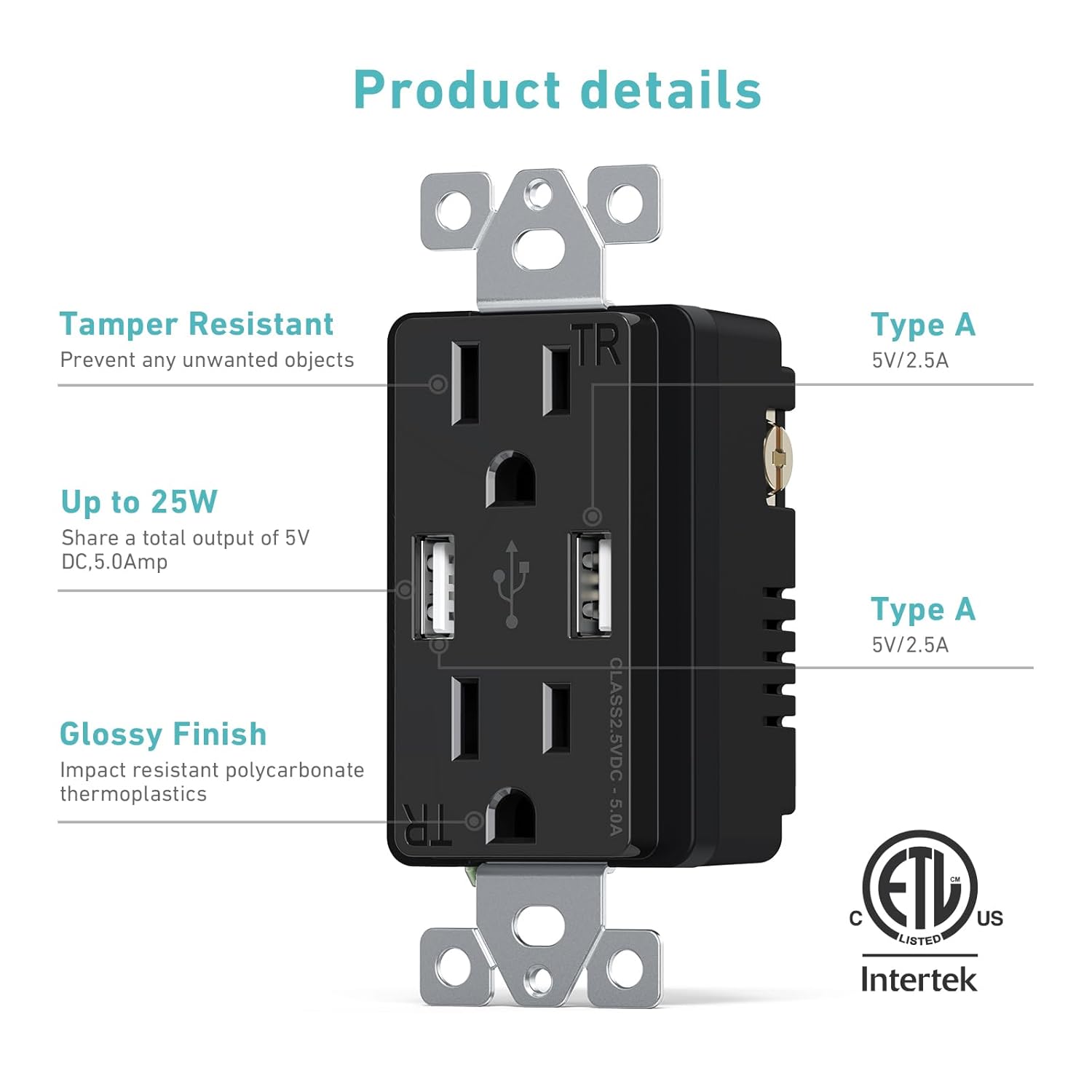 WEBANG Toma de corriente USB de 25 W y 5.0 amperios, toma de corriente de carga de 15 A con puertos USB, placa de pared sin tornillos incluida,