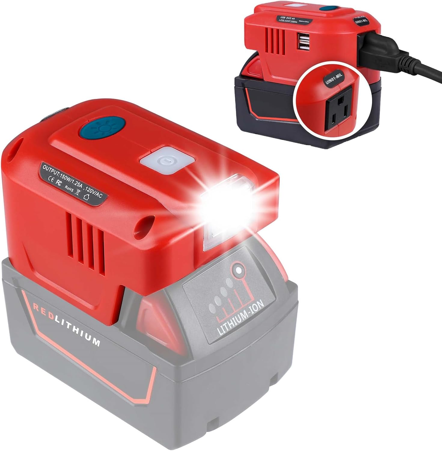 TEPULAS Inversor de fuente de alimentación portátil para batería de litio Milwaukee M18 de 18 V, inversor de corriente de 150 W CC 18 V a CA 110