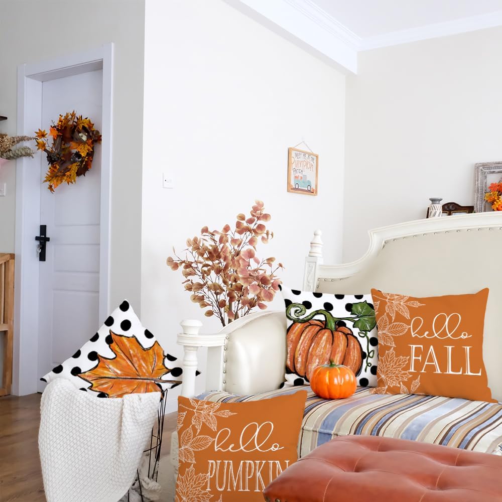 GEEORY Juego de 4 fundas de almohada de otoño de 18 x 18 pulgadas, diseño de hojas de arce con diseño de calabaza y texto en inglés “Hello Pumpkin”,