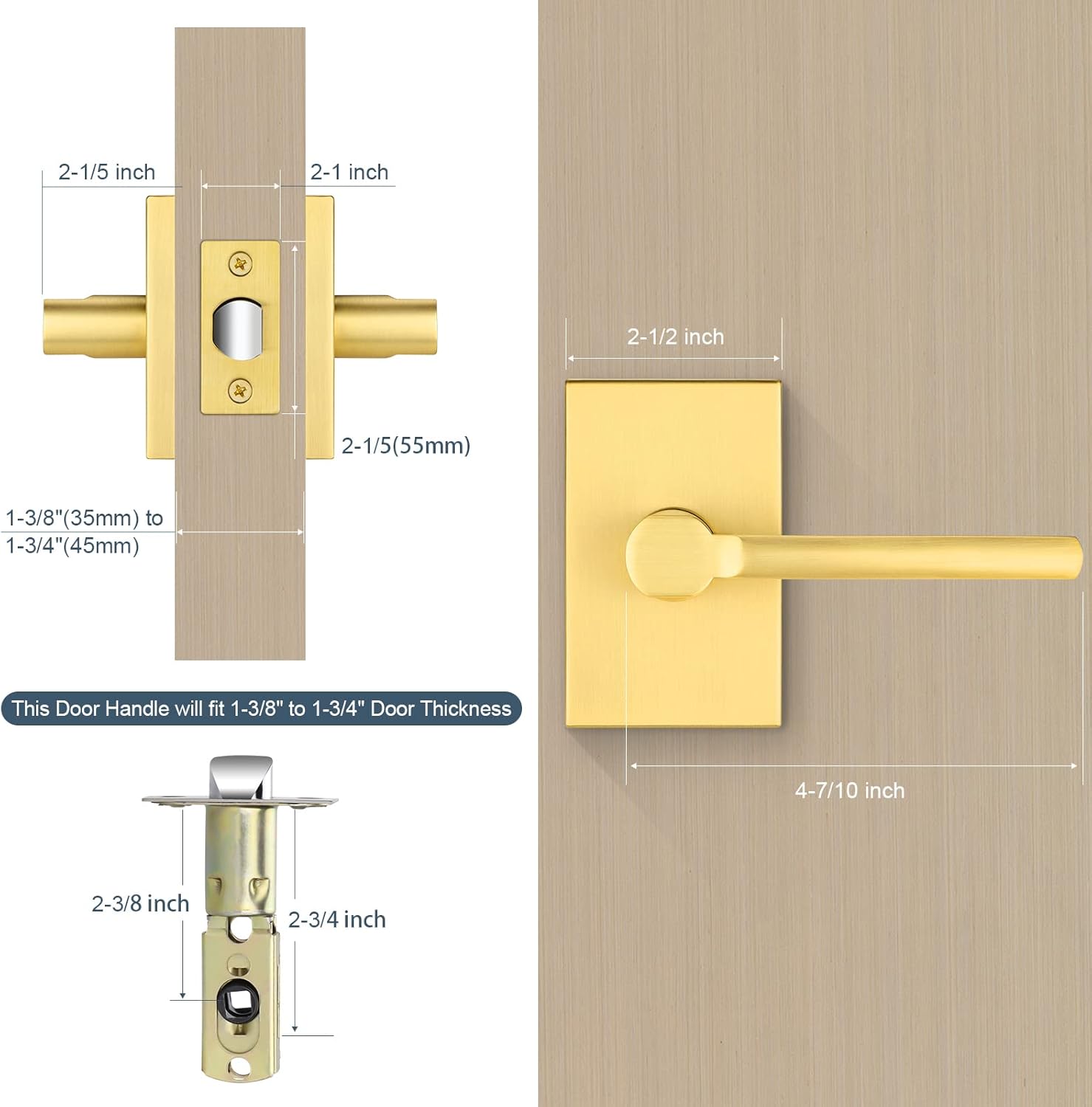 EHOMEWARE Paquete de 3 pomos de puerta de paso, manijas de puerta de latón satinado sin llave, manijas de puerta interior en acabado dorado, manijas