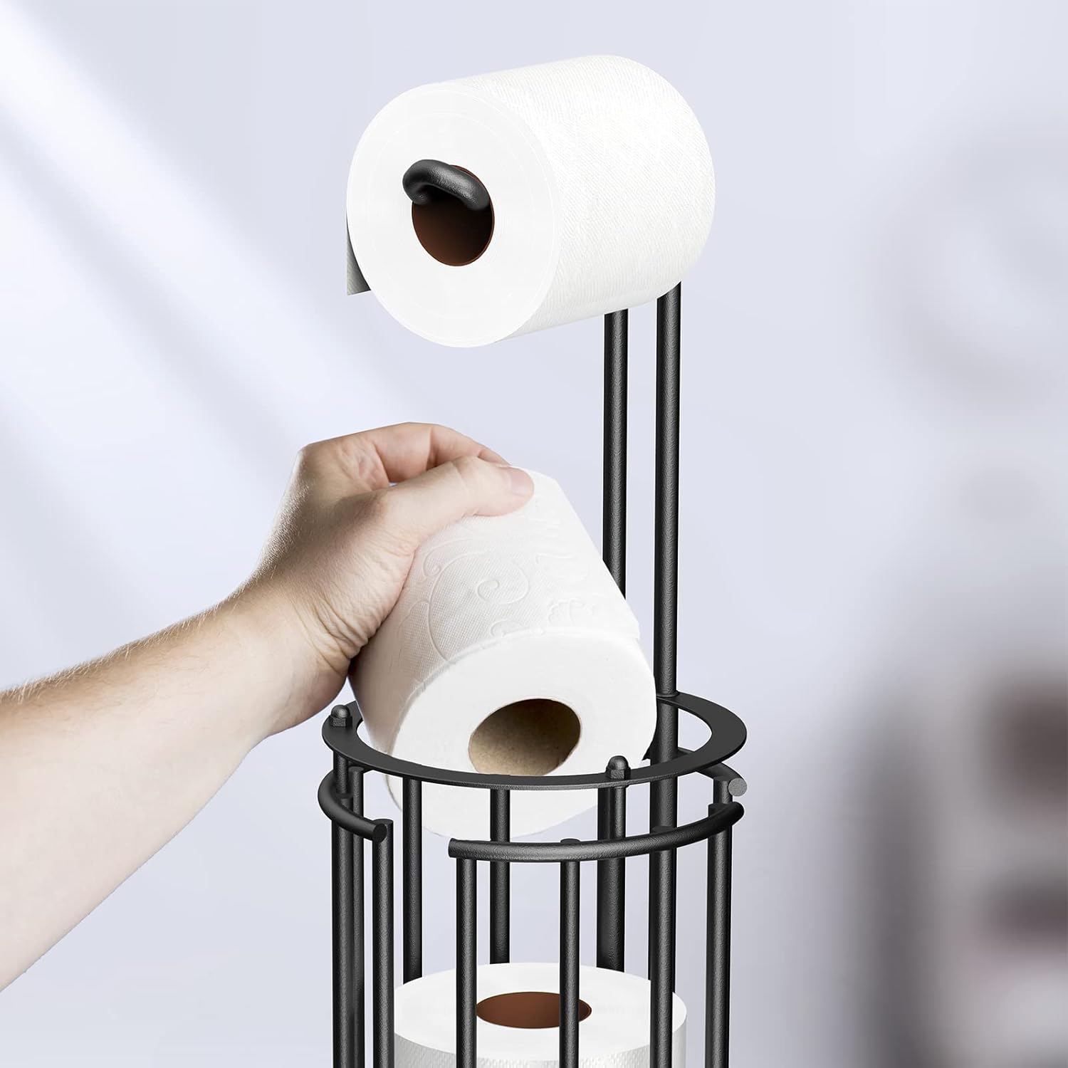 Meangood Soporte de papel higiénico y dispensador de rollo de papel de seda para 4 megarrollos, soporte de almacenamiento de rollos de papel