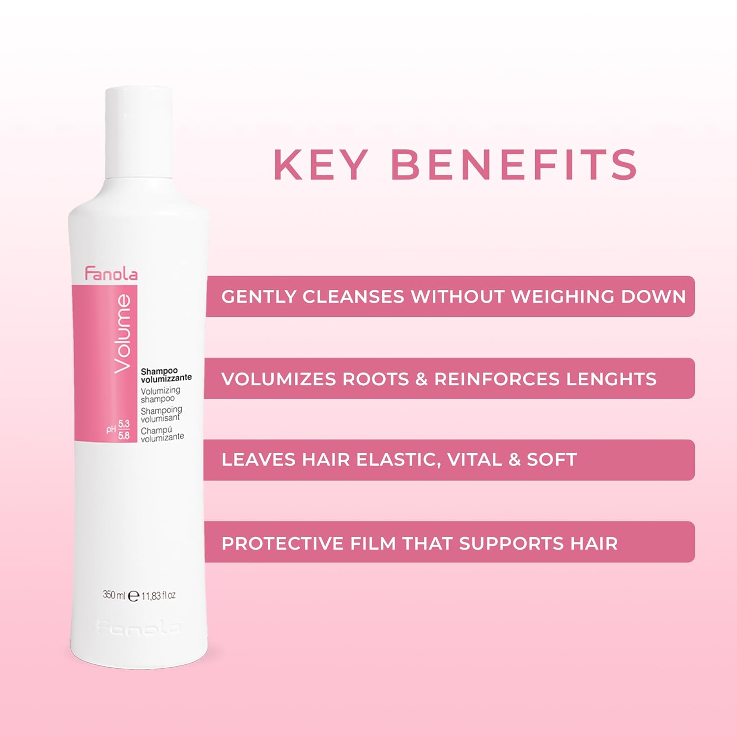 Fanola Champú voluminizador para cabello fino limpia y da volumen a las raíces y refuerza el cabello sin pesarlo 11.83 oz