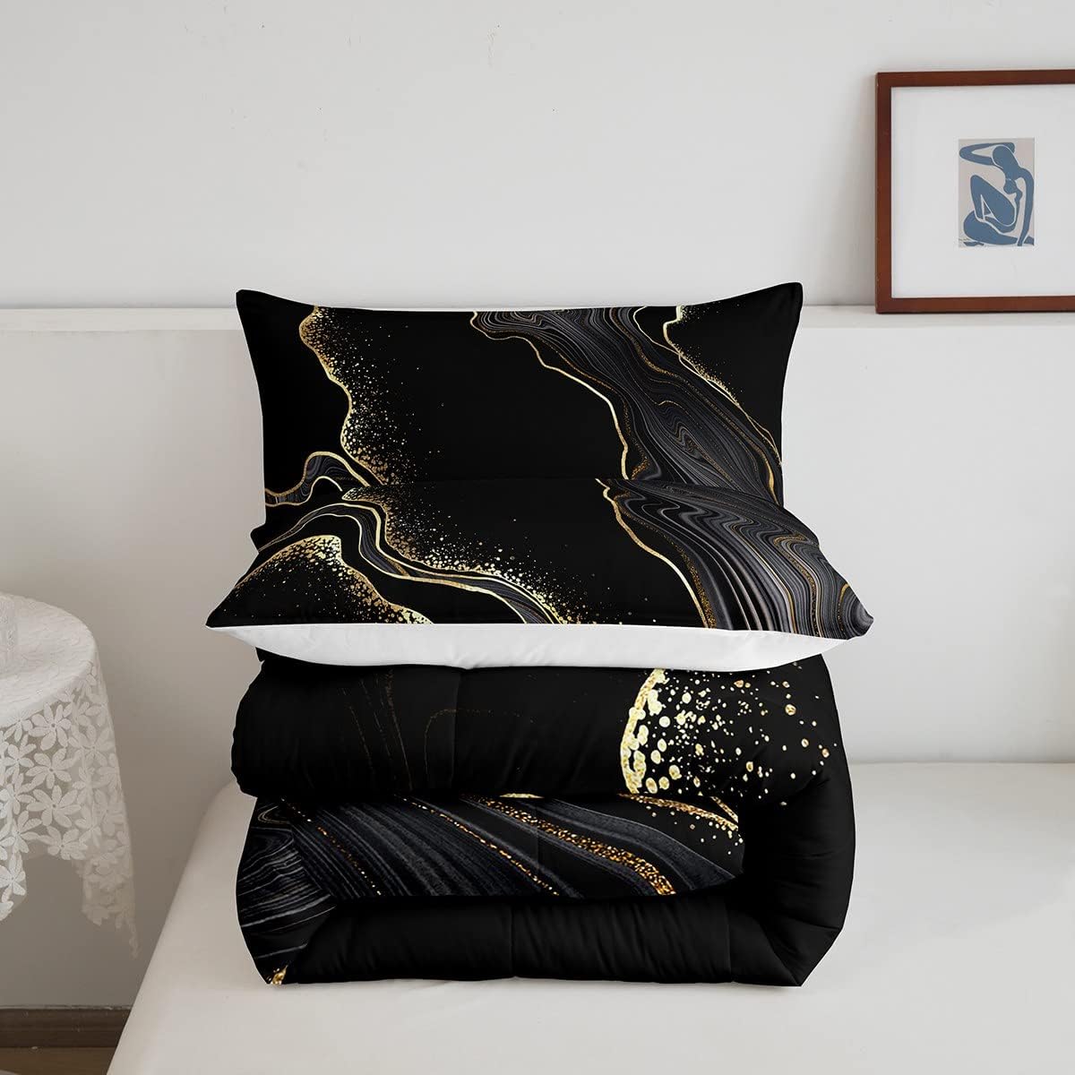 Erosebridal Juego de edredón de mármol negro y dorado, tamaño Queen, juego de ropa de cama de mármol con purpurina, líneas doradas y blancas,