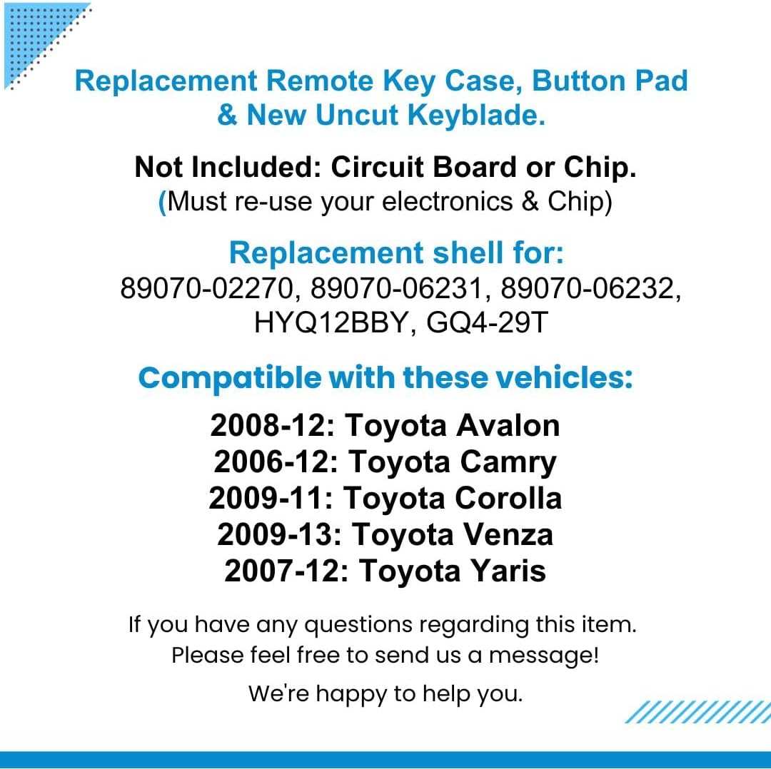 1 funda para llave remota sin llave con almohadilla de 4 botones HYQ12BBY GQ4-29T para Avalon 2008-12 Camry 2009-11 Corolla 2009-13 Venza