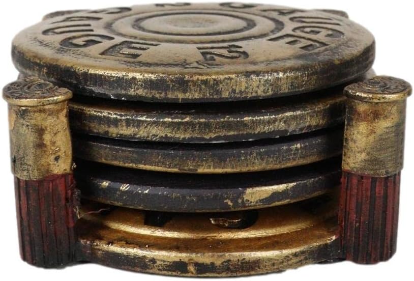 Ebros Gift Western – Juego de posavasos redondos de bala dorada de calibre 12 con 4 posavasos y soporte escultórico, figura decorativa, 5 pulgadas