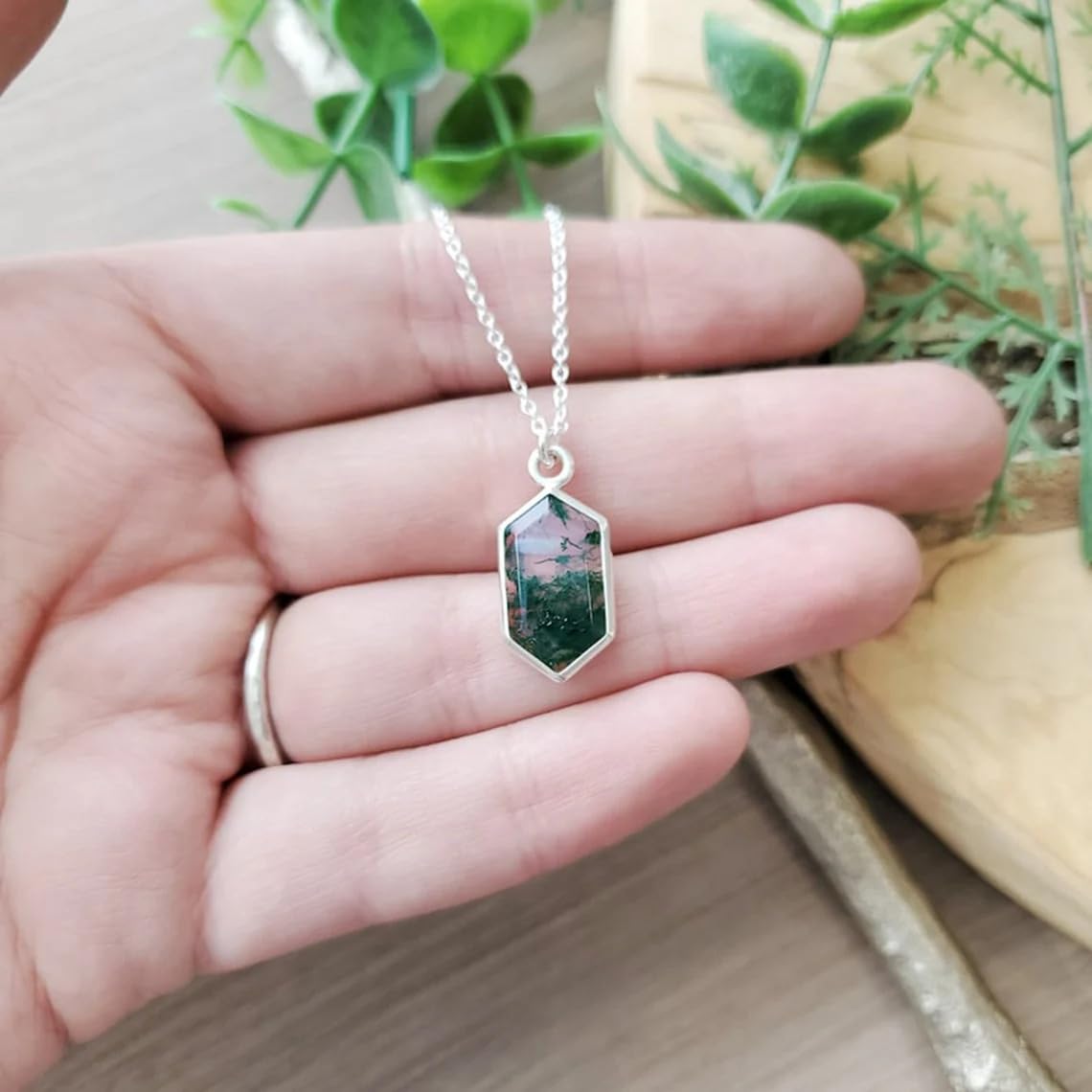 AAA Natural Moss Agate Pendant Necklace, Long Hexagon Moss Agate Pendant, Unique Gemstone Jewelry, Nature Inspired, Green Agate Necklace, Christmas