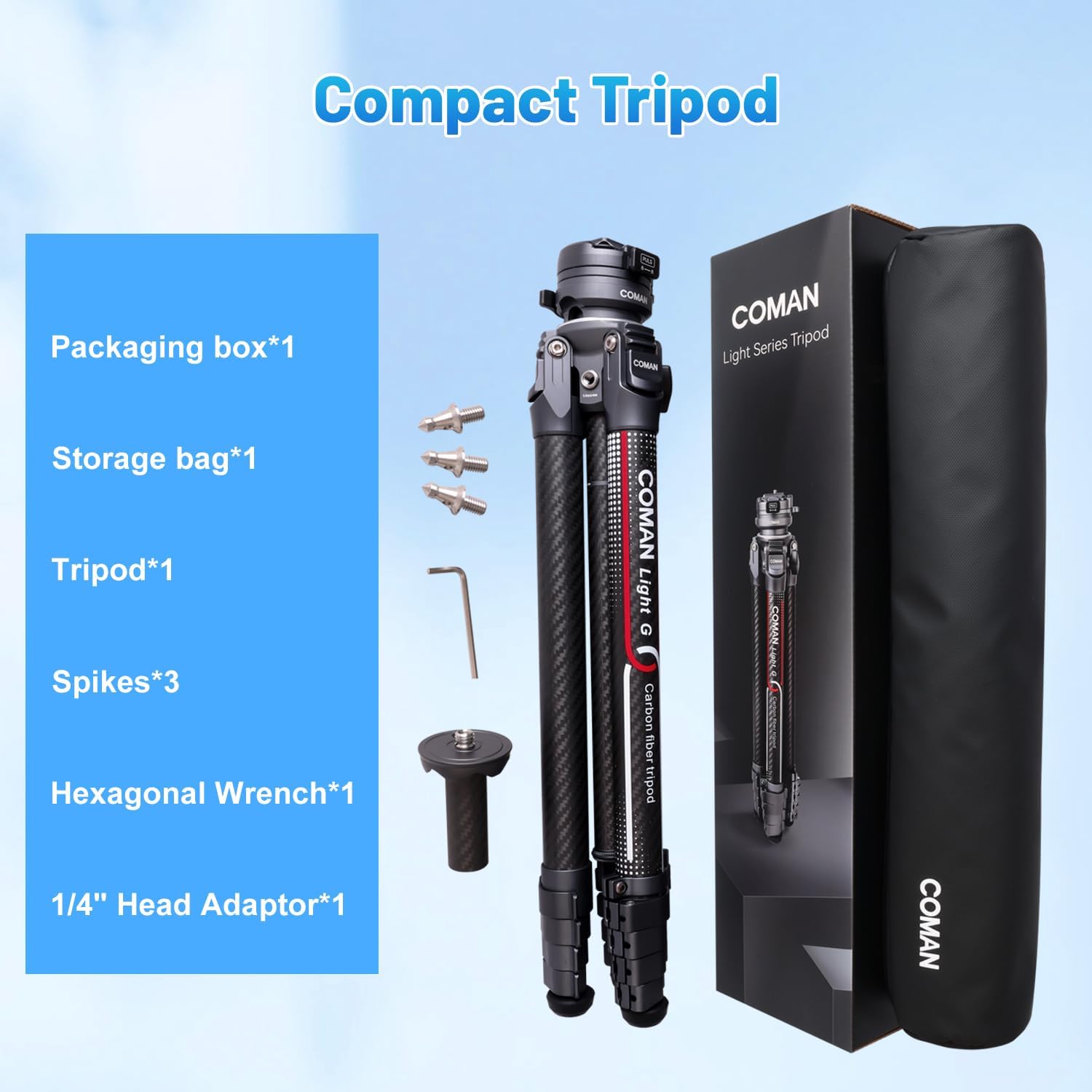 COMAN – Trípode ligero para cámara de viaje, soporte compacto de fibra de carbono de 62.2 pulgadas, cabezal de bola de 360  desmontable con placa