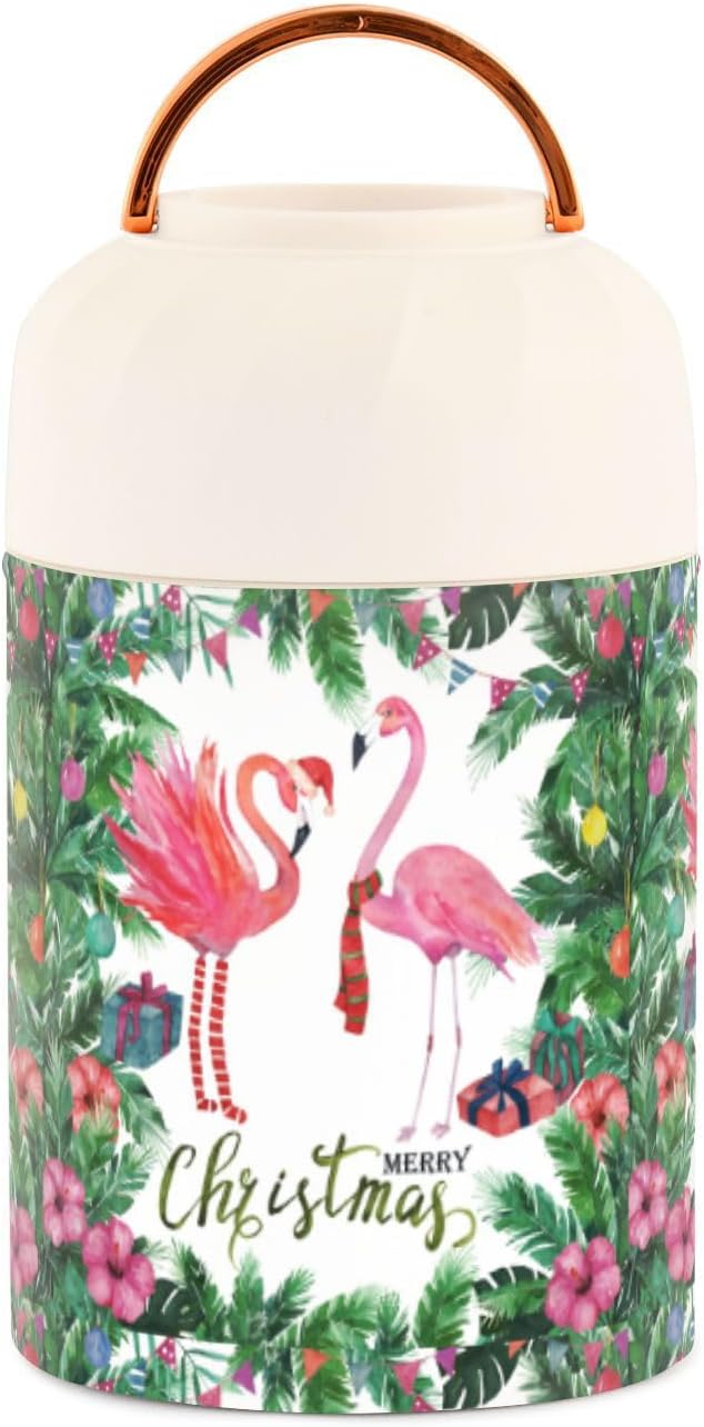 Christmas Leaves Flamingo Food Jar with Spoon Stainless Steel Vacuum Insulated Food Container 17 oz Food Thermos for Lunch