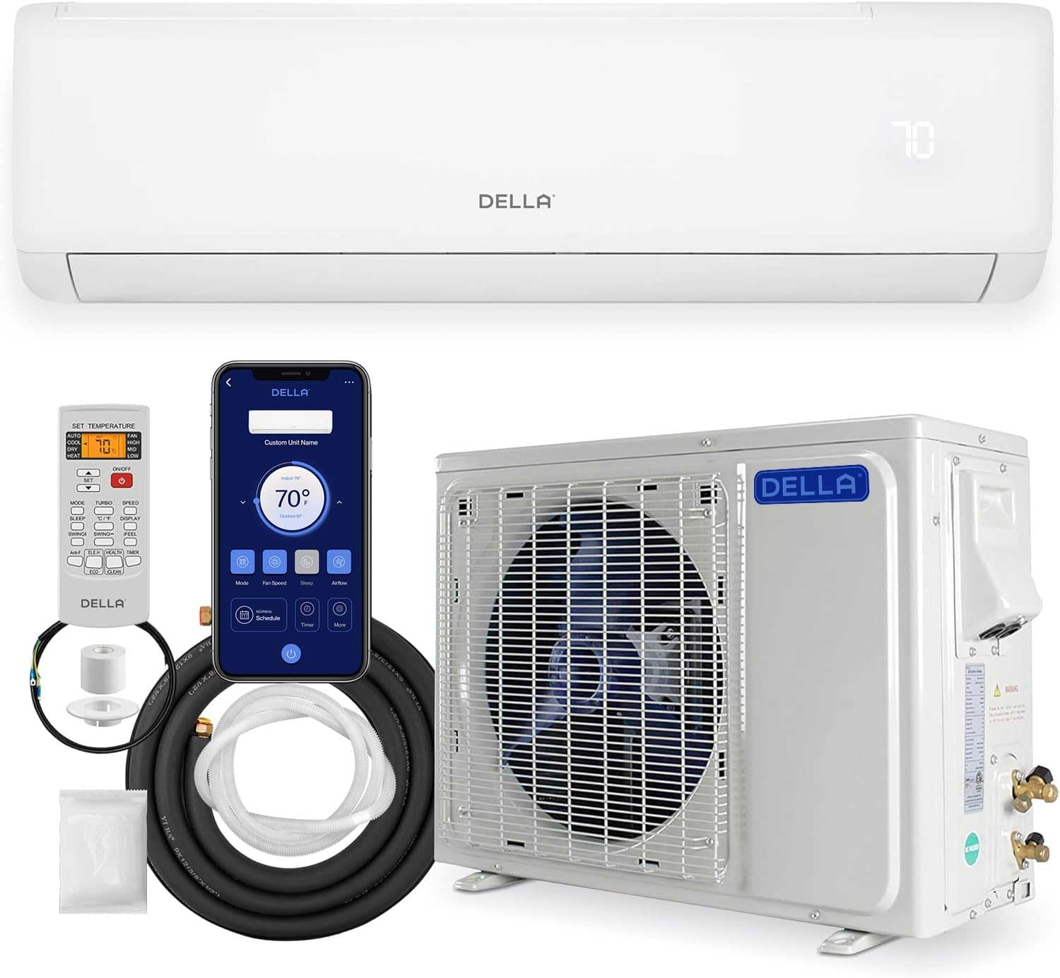 DELLA 18000 BTU Mini Split AC 21 SEER2 enfría hasta 1000 pies cuadrados, 208-230 V, aire acondicionado y calentador habilitado para WiFi con bomba