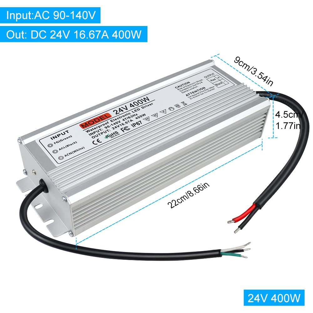 Fuente de alimentación LED de 24V 400W, Fuente de alimentación exterior impermeable IP67, CA 90-140V a DC 24 voltios controlador LED, transformador