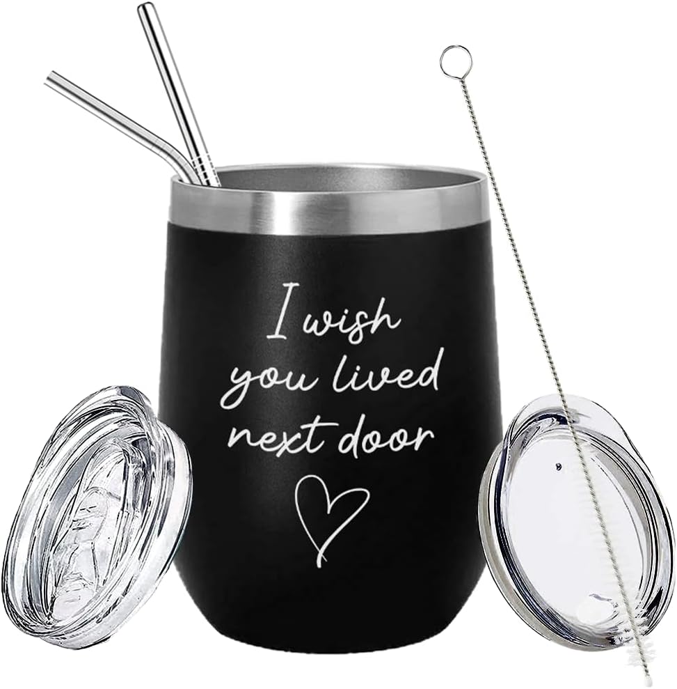 Bubble Hugs WItty – Vaso de vino negro de 12 onzas  Taza divertida con texto en inglés “I Wish You Lived Next Door” para mejor amigo