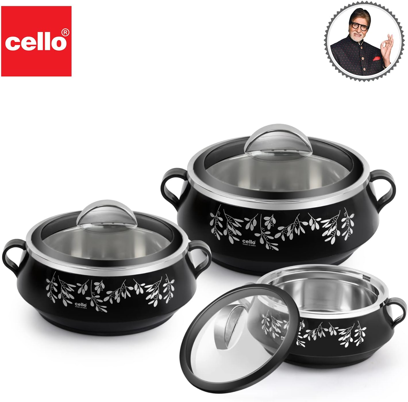 Cello Cazuela de purpurina con acero interior  Juego de cazuela de acero inoxidable aislado para comida chapati curry roti, juego de 3, negro