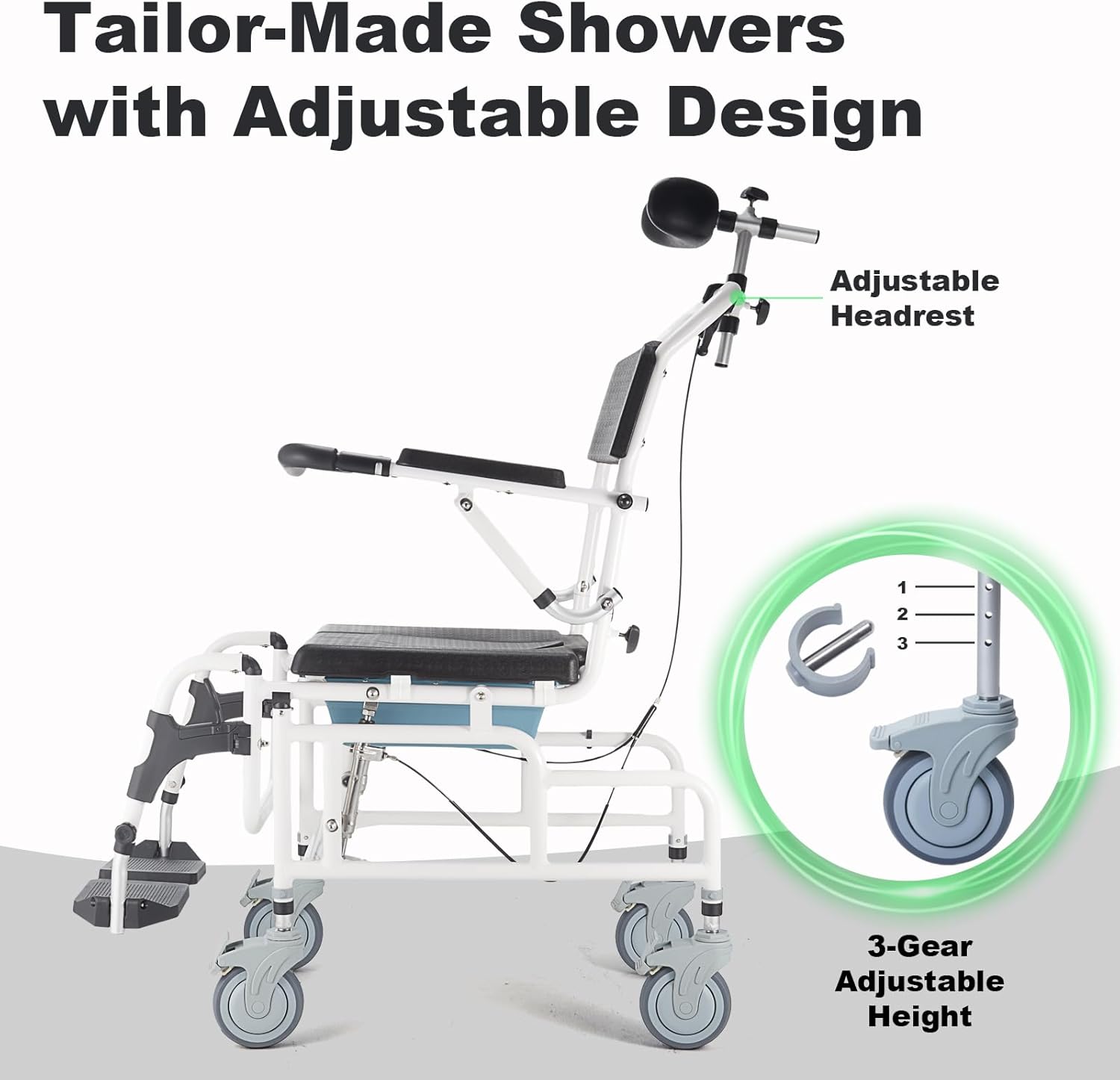 Silla de cama 4 en 1, silla de ruedas inclinable para ducha de 30, silla de champú con reposacabezas y cubo, silla con ruedas de transporte