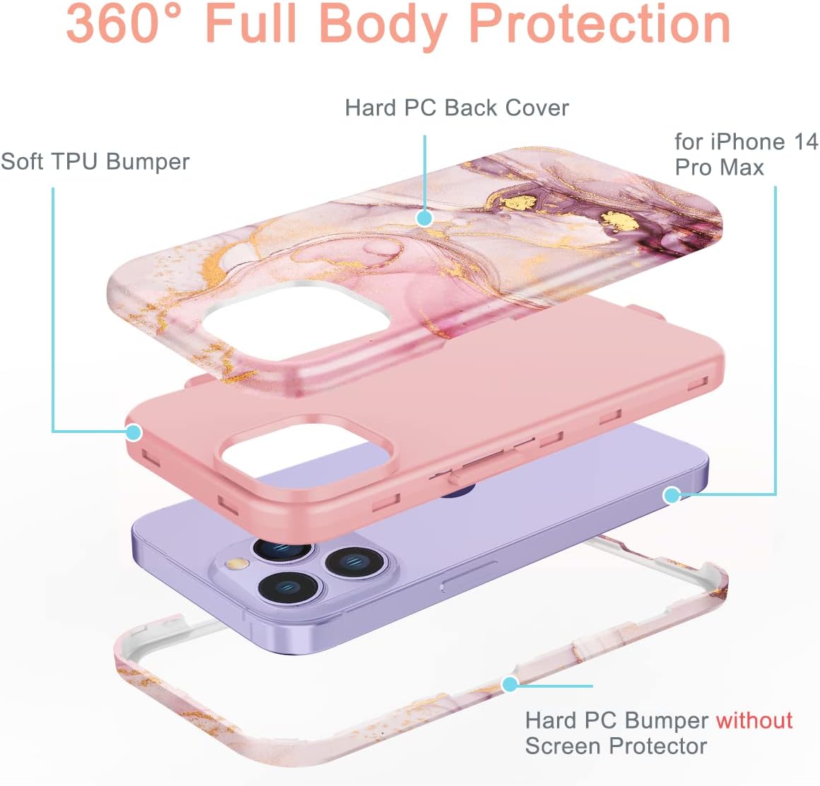 Funda para iPhone 14 Pro Max, patrones de mármol 3 en 1, policarbonato duro, TPU suave, parachoques de grado militar, cuerpo completo, a prueba de