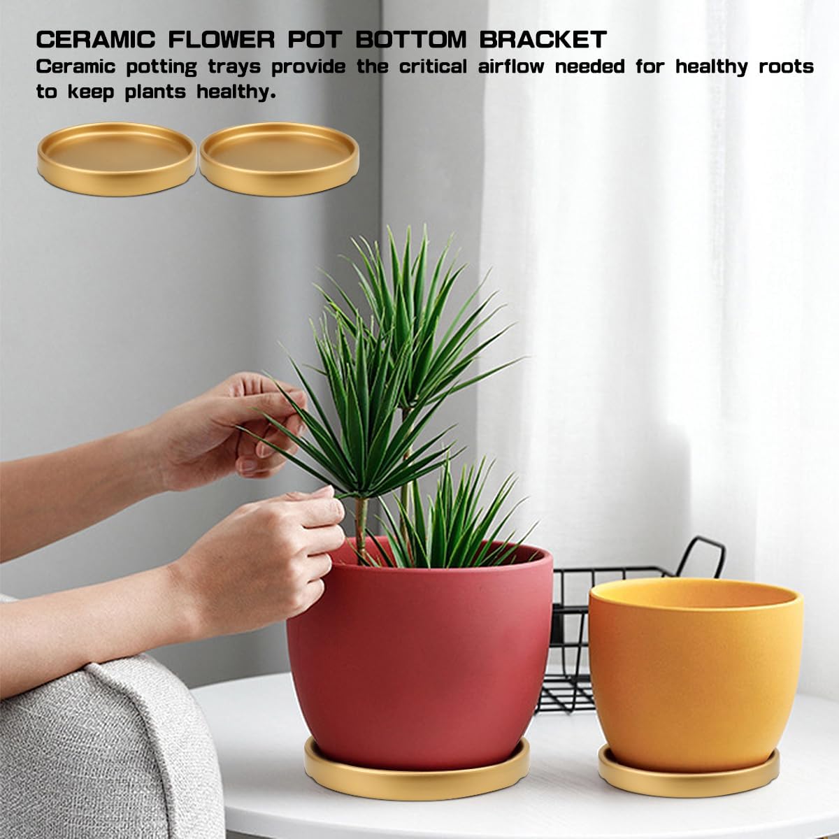 SLOHJAL 2 platillos de cerámica redondos para plantas, bandeja de goteo para interiores y exteriores, jardín, flores, goteos de agua y tierra