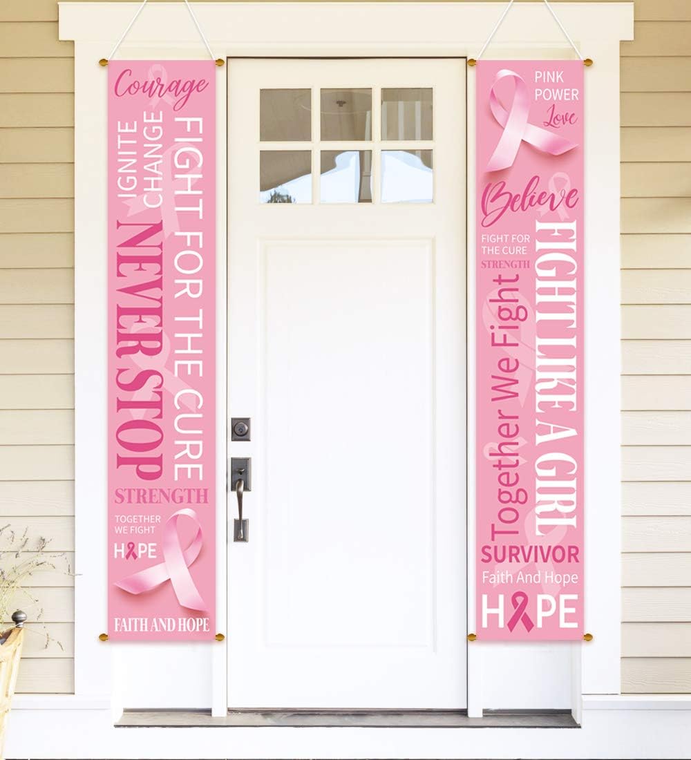 M1ntP1us Decoraciones de pancartas de concientización sobre el cáncer de mama, letrero de cinta rosa para porche, suministros de fiesta para