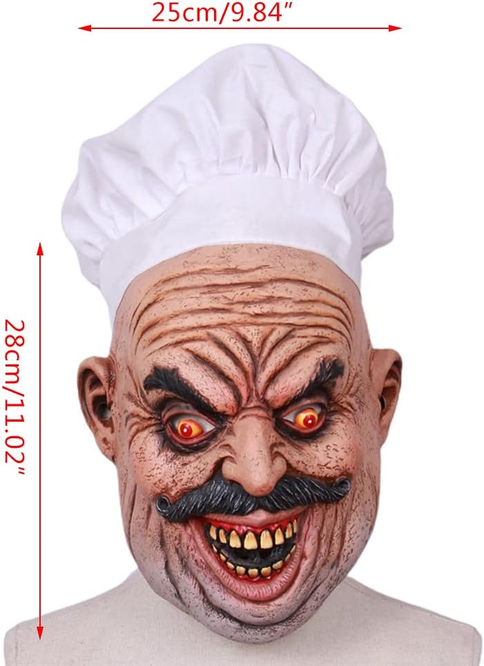 Yeahii Máscara realista de látex barbudo para chef, carnicero, Halloween, casa encantada, fantasma, mascarada, cosplay, accesorios aterradores