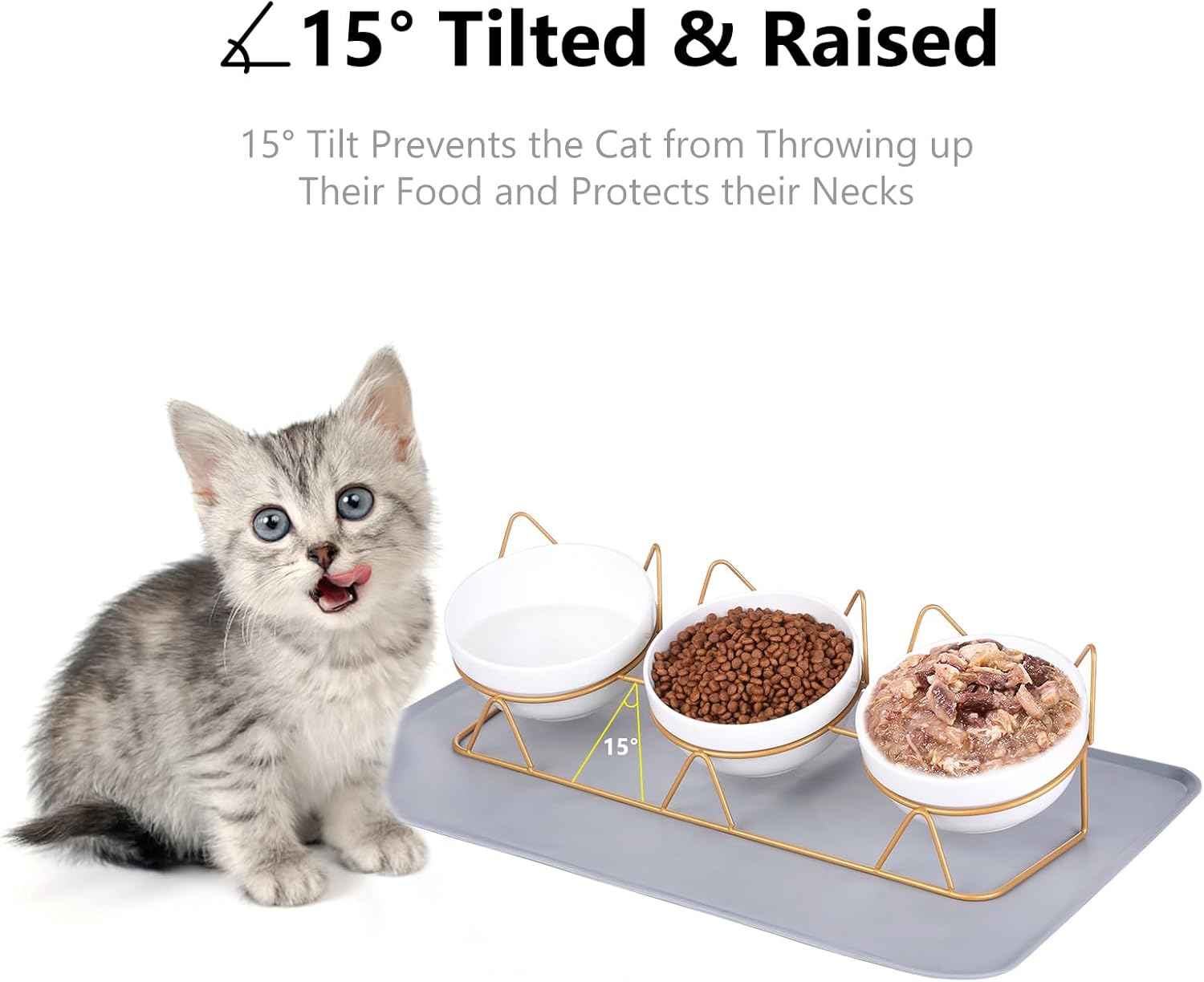 Trosetry Juego de 3 cuencos de cerámica elevados para gatos con alfombrilla de comida para mascotas, cuenco elevado de 15 inclinado para bebidas