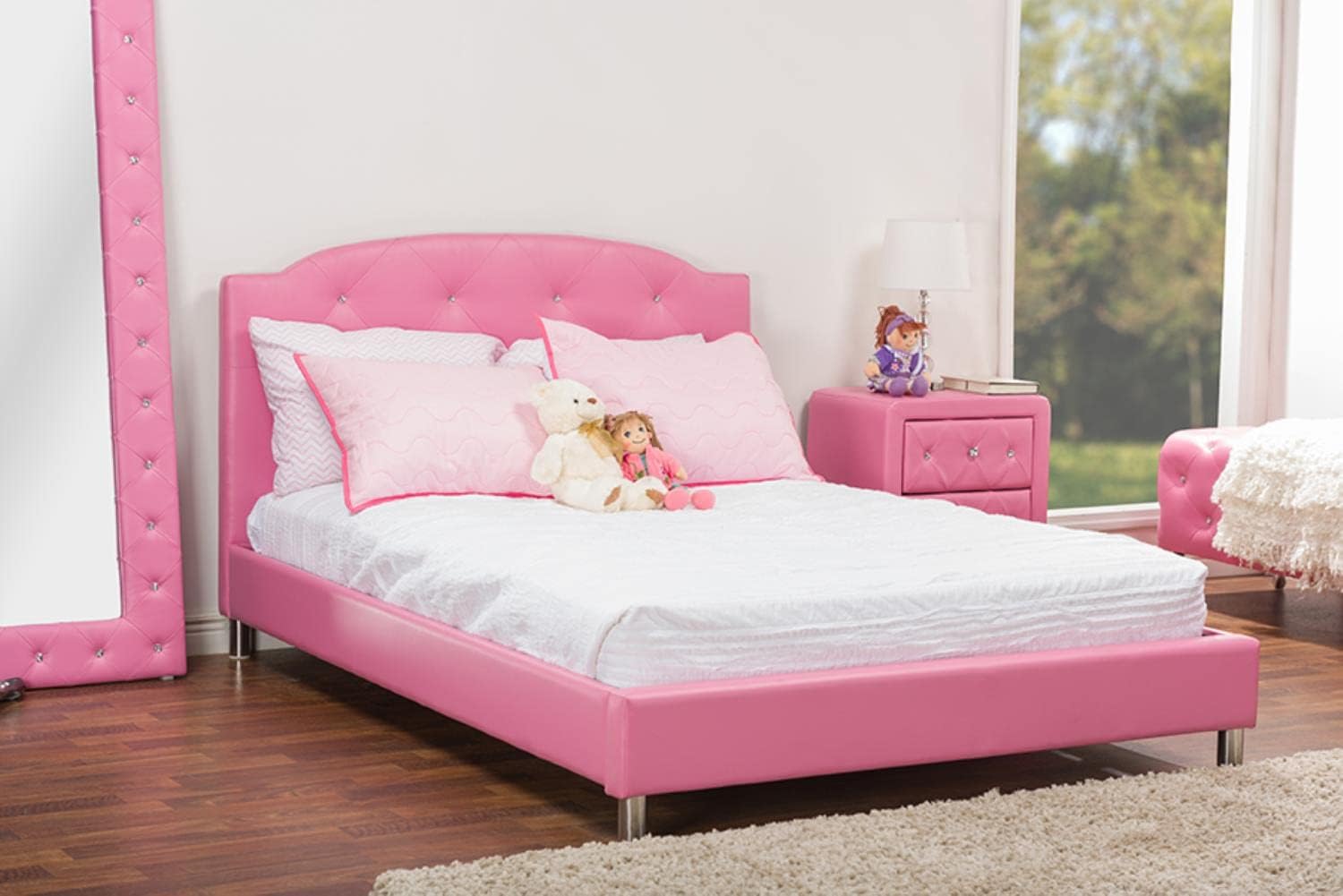 Baxton Studio Canterbury Cama moderna de piel sintética., Madera, Rosado