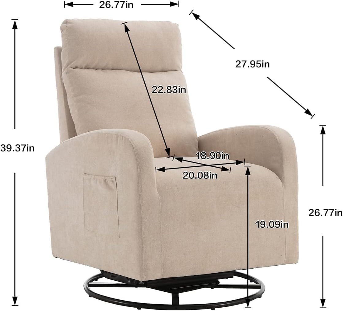 Kurhwyss Silla giratoria para guardería, moderna silla mecedora con respaldo alto y bolsillo de almacenamiento, mecedora tapizada con base de metal