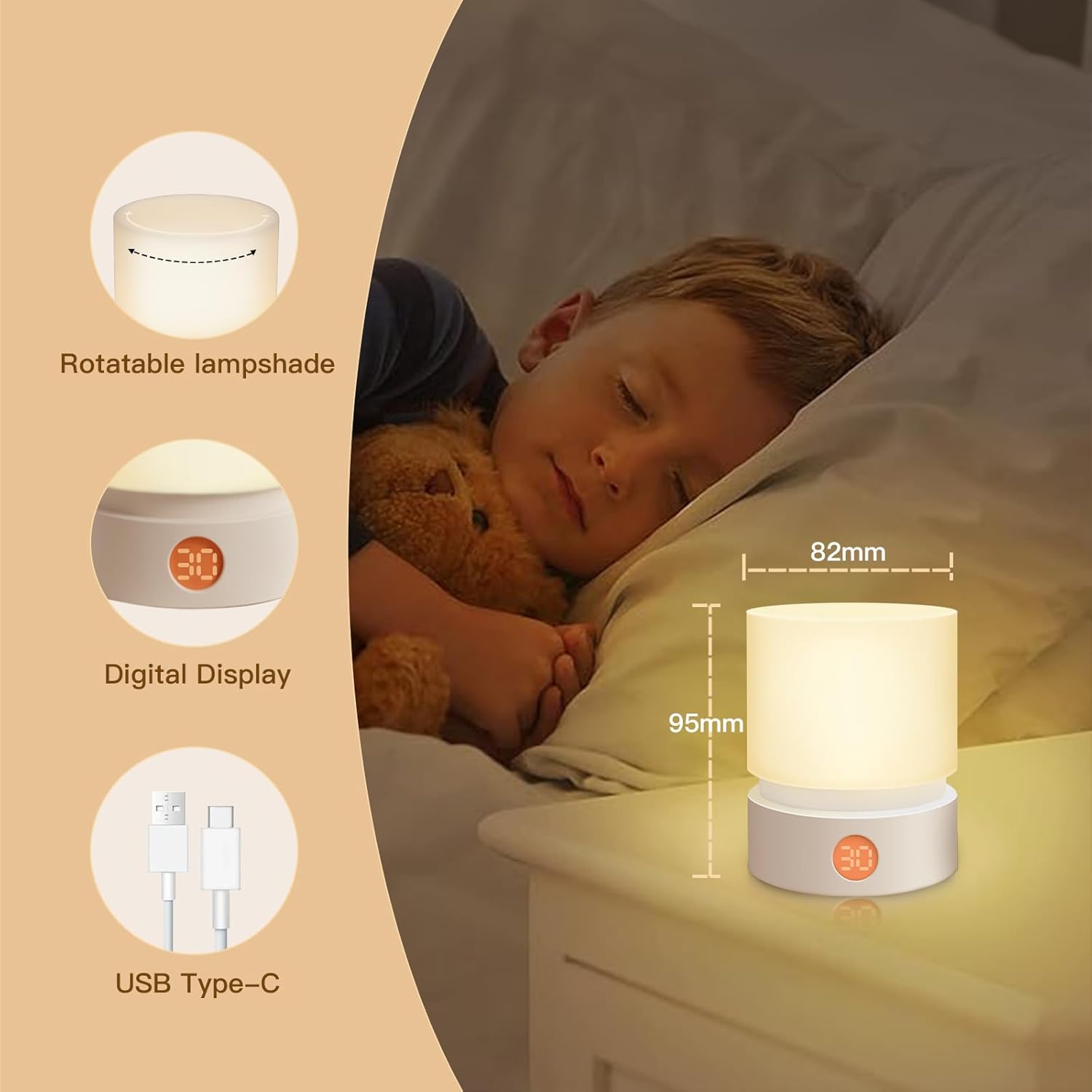 Lámpara de mesa pequeña, luz nocturna portátil regulable con temporizador para niños, luz LED cálida de 3000 K, lámparas de noche pequeñas para
