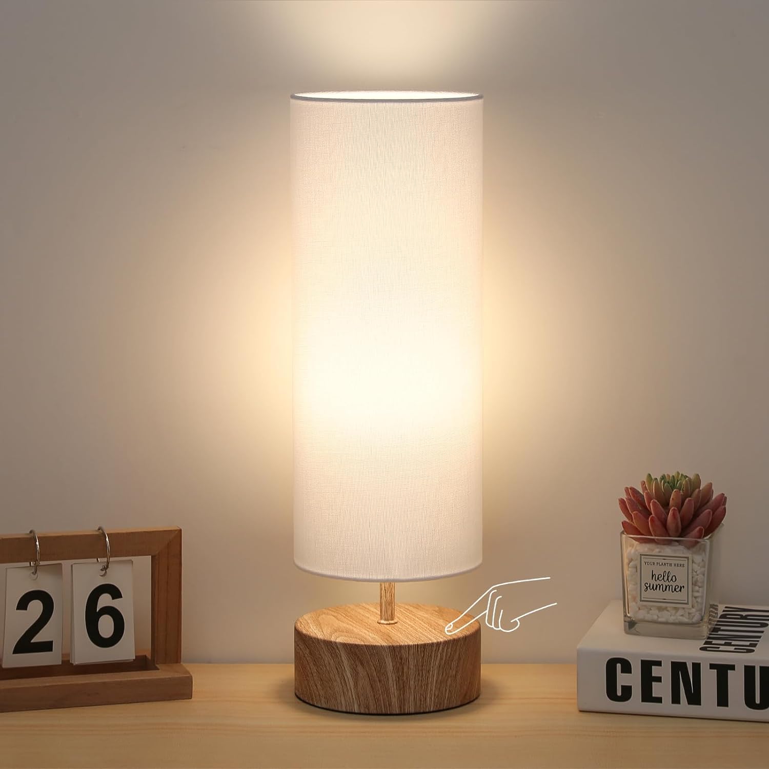 Lámpara de mesa de noche, lámpara de mesa de control táctil de 3 vías con base de grano de madera, lámpara de mesita de noche regulable con pantalla
